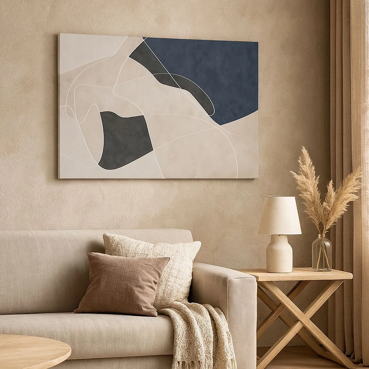 Canvastavla - Bild på duk - Geometrisk abstraktion i nyanser av beige och marinblått - 70x50cm - Abstrakt komposition - färgkontrast - Modern väggdekoration för vardagsrum och sovrum ARTTOR