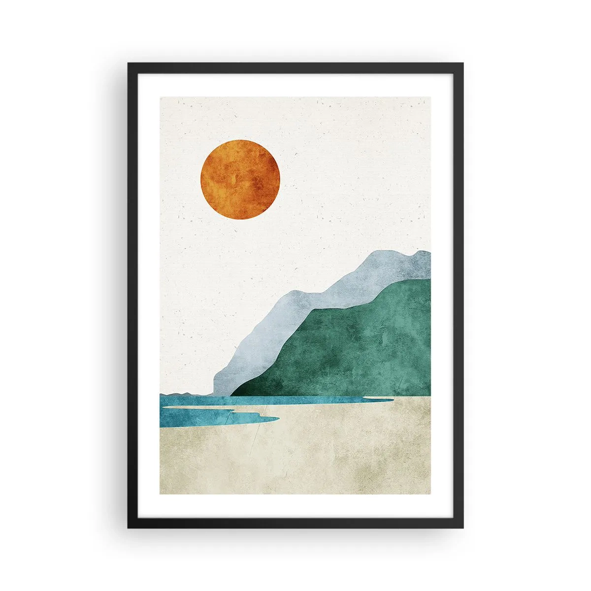 Affisch i svart ram - Minimalistiskt bergslandskap med strand och sol - 50x70cm - Landskap som det borde vara - Modern väggdekoration för vardagsrum och sovrum ARTTOR