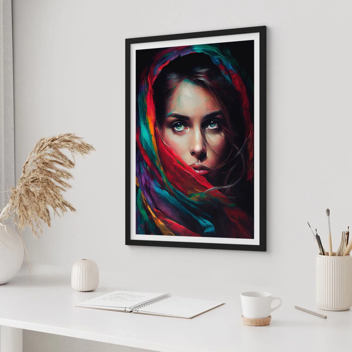 Affisch i svart ram - Porträtt av en kvinna i en färgglad halsduk - 50x70cm - Grönögd hemlighet - Modern väggdekoration för vardagsrum och sovrum ARTTOR