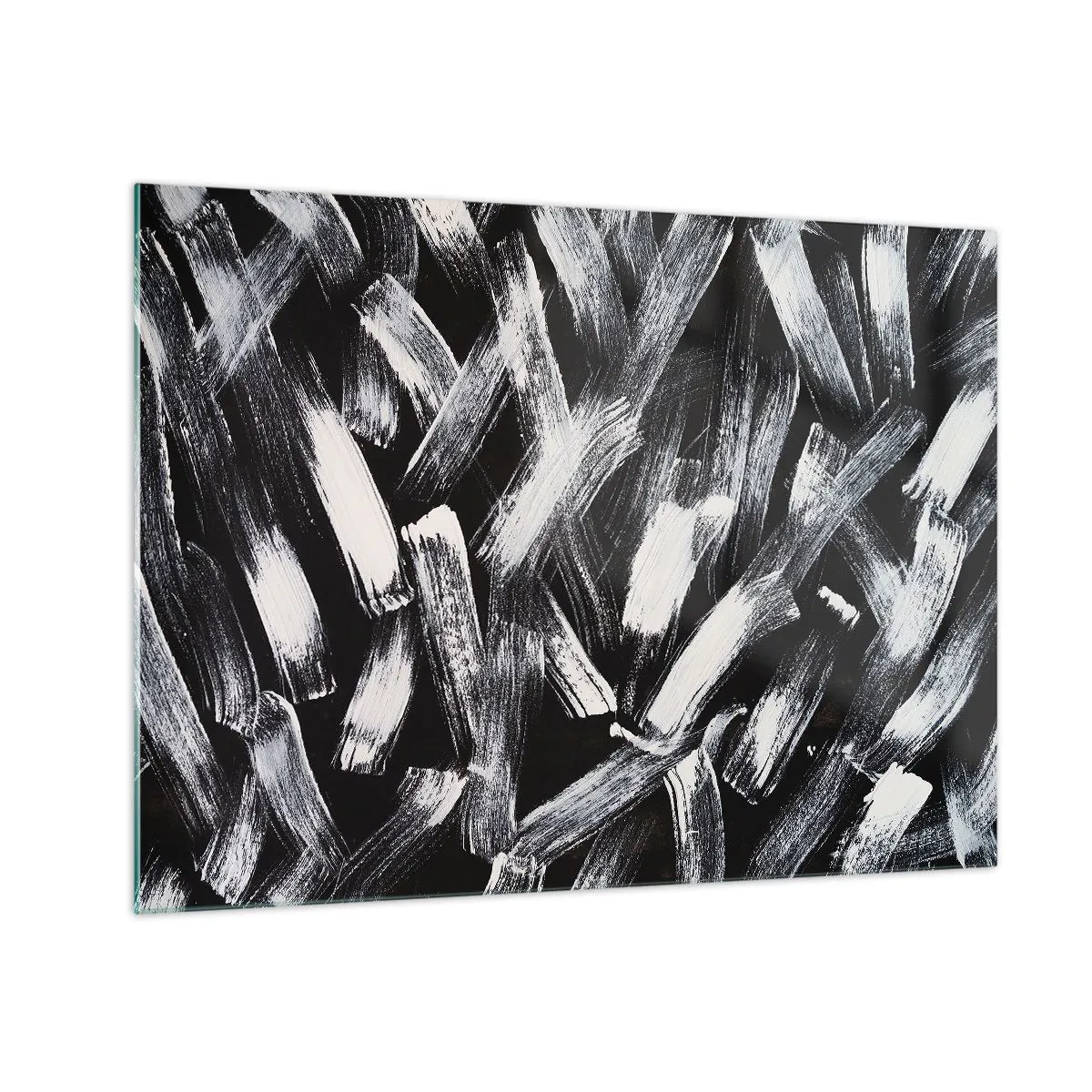 Glastavla - Bild på glas - Svartvit abstraktion av penseldrag på en mörk bakgrund - 70x50cm - Abstraktion i industriell anda - Modern väggdekoration för vardagsrum och sovrum ARTTOR