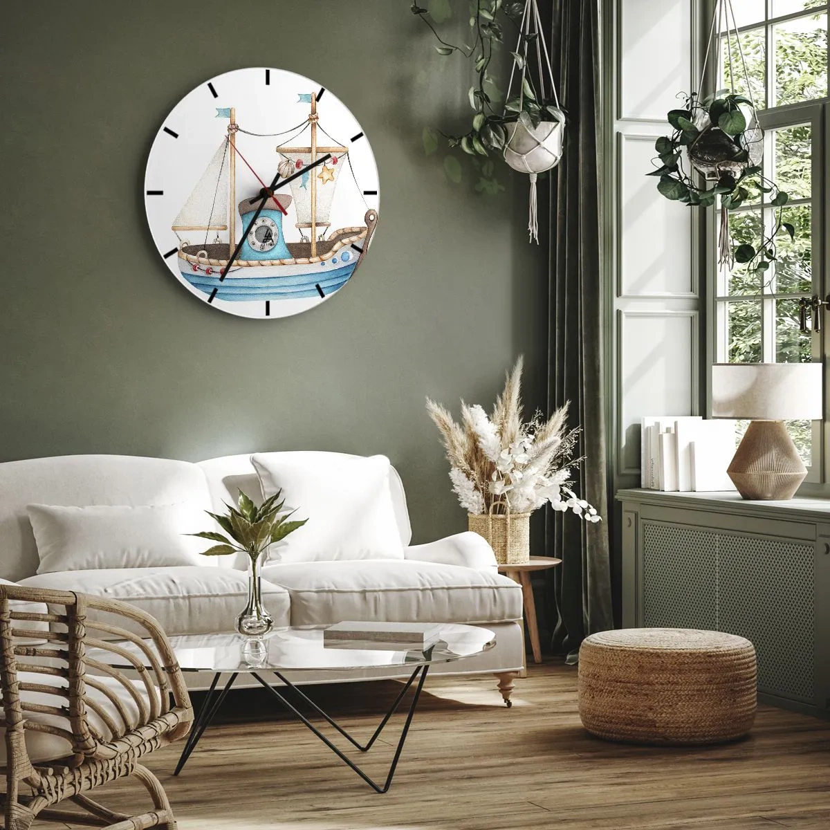 Väggklocka - Klocka på glas - Illustrerad barnsegelbåt med nautiska dekorationer - 30x30cm - Ohoj, äventyret! - Modern väggdekoration för vardagsrum, kök och sovrum ARTTOR