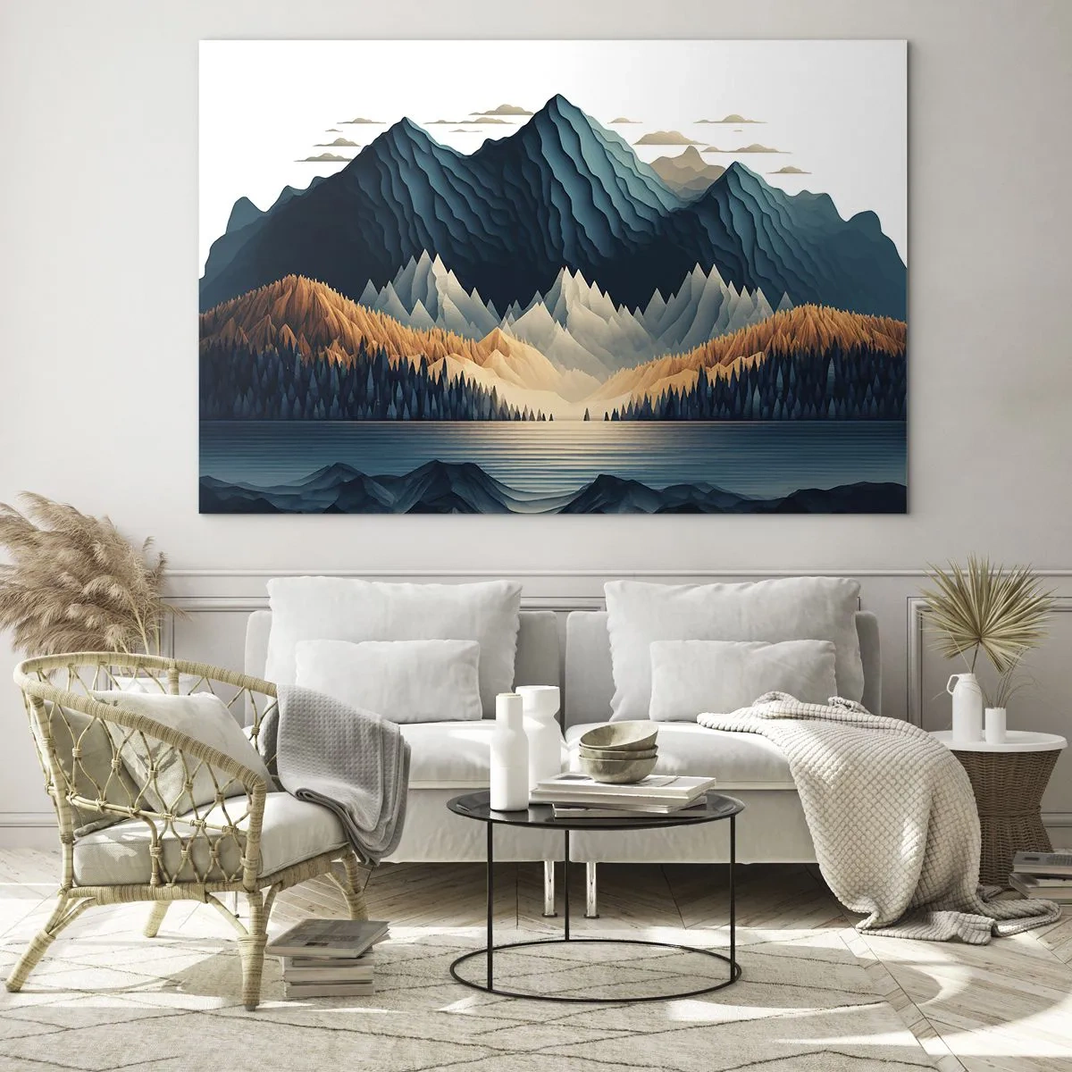 Glastavla - Bild på glas - Stiliserat bergslandskap med en skog och en sjö - 70x50cm - Perfekt bergslandskap - Modern väggdekoration för vardagsrum och sovrum ARTTOR