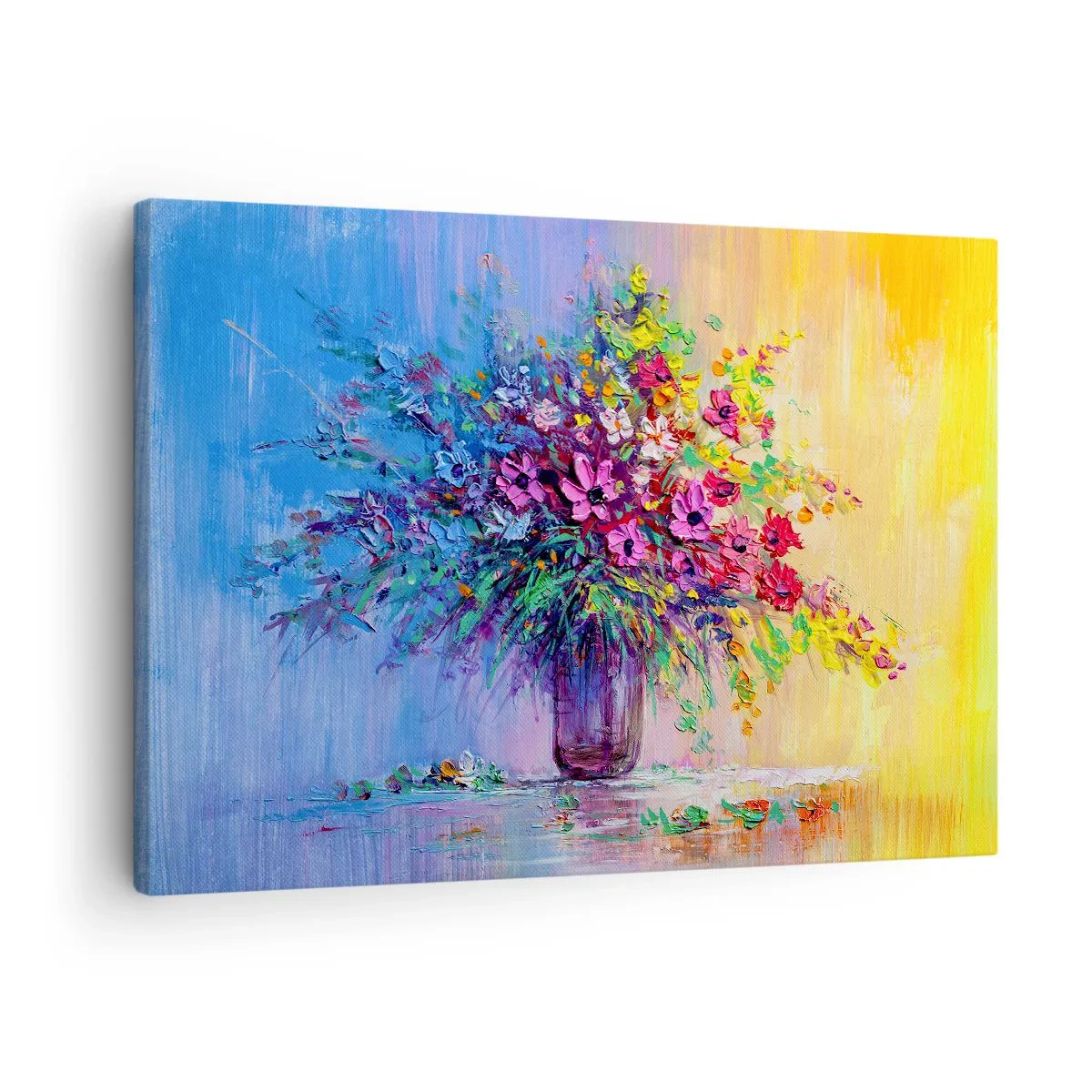 Canvastavla - Bild på duk - En färgglad blombukett i en vas mot en tonad bakgrund - 70x50cm - Sommarängens gåva - Modern väggdekoration för vardagsrum och sovrum ARTTOR