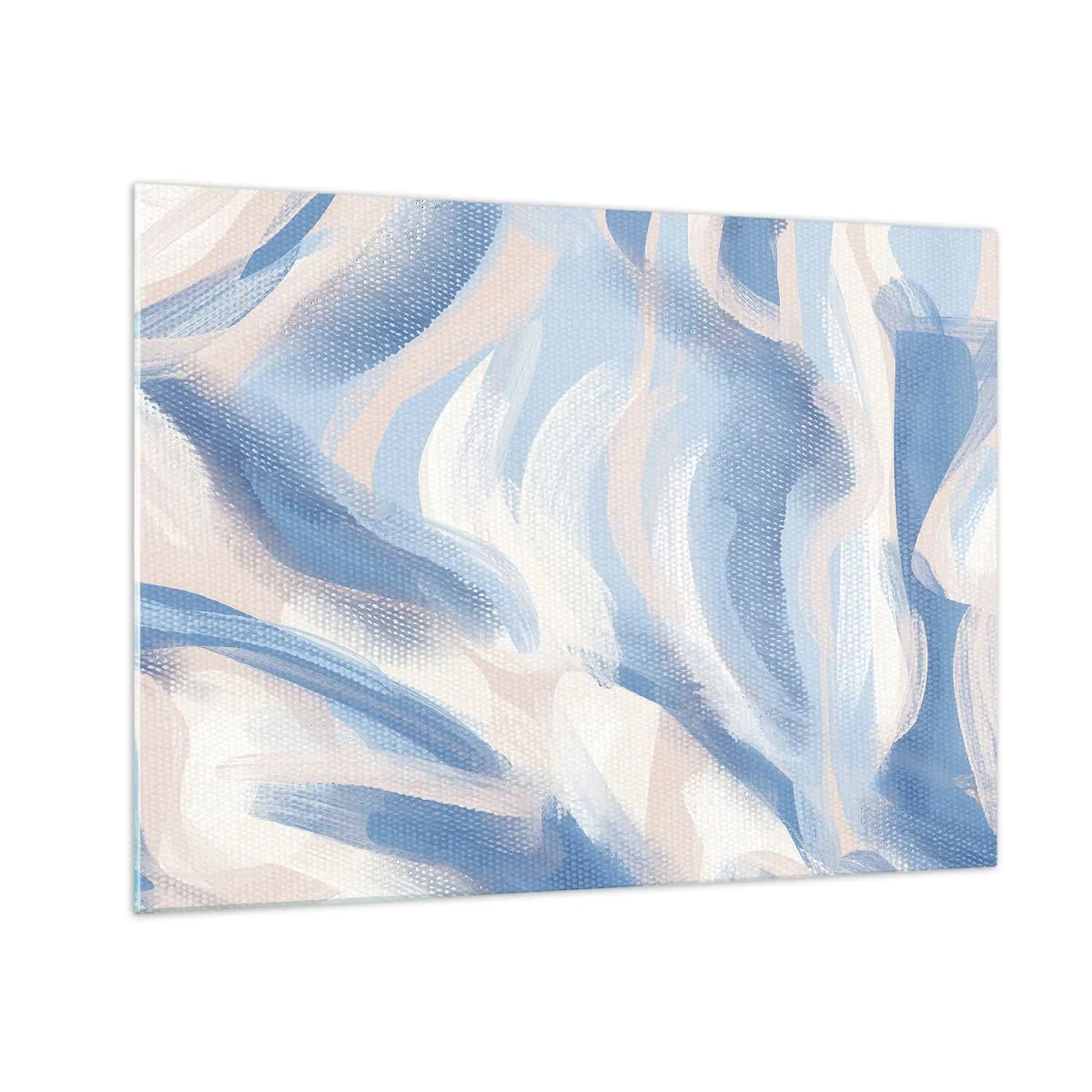 Glastavla - Bild på glas - Abstrakta penseldrag i blått, vitt och beige i vågig form - 70x50cm - Blå krusningar - Modern väggdekoration för vardagsrum och sovrum ARTTOR