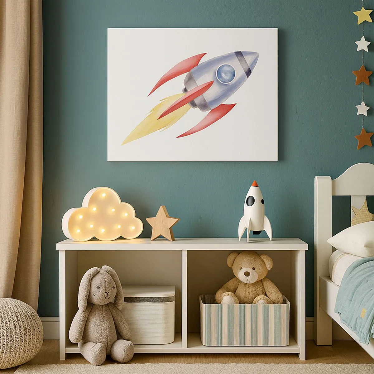 Canvastavla - Bild på duk - Akvarell stil raket på en vit bakgrund - 70x50cm - Högre, snabbare, längre - Modern väggdekoration för vardagsrum och sovrum ARTTOR