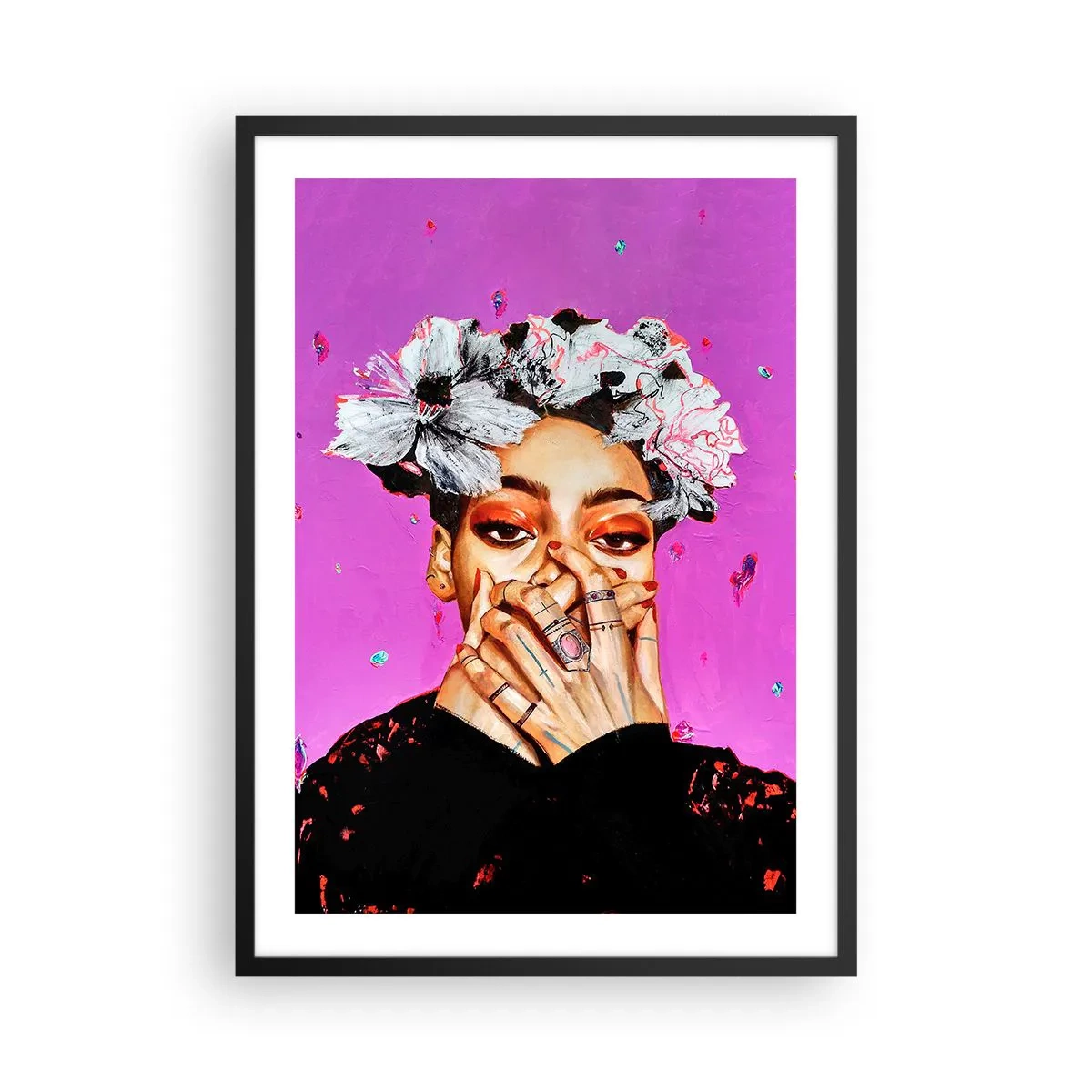 Affisch i svart ram - Ett uttrycksfullt porträtt av en kvinna mot en intensivt rosa bakgrund. - 50x70cm - Lite galen - Modern väggdekoration för vardagsrum och sovrum ARTTOR