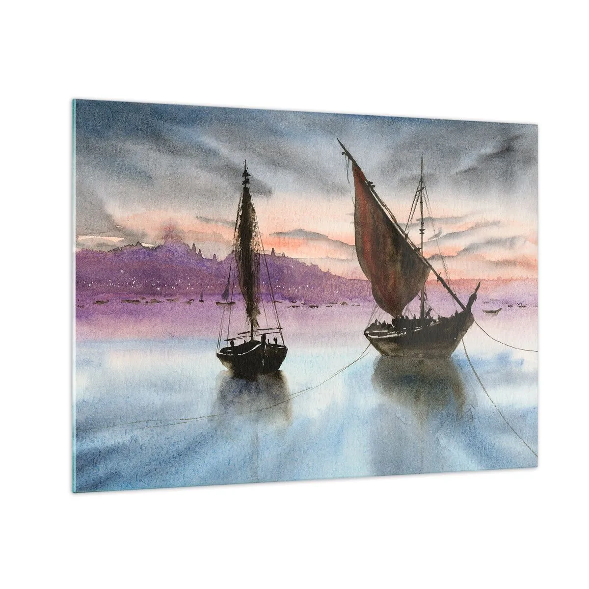 Glastavla - Bild på glas - Två segelbåtar på lugnt vatten vid solnedgången - 70x50cm - Kväll i hamnen - Modern väggdekoration för vardagsrum och sovrum ARTTOR