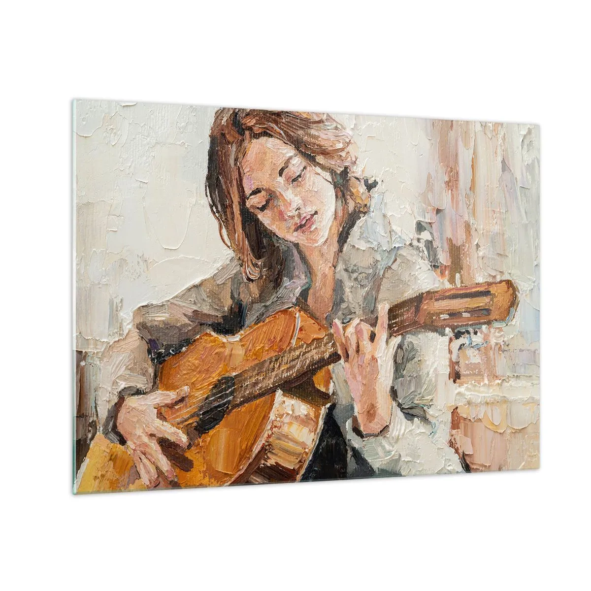 Glastavla - Bild på glas - En flicka som spelar gitarr i impressionistisk stil - 70x50cm - Konsert för gitarr och en flickas hjärta - Modern väggdekoration för vardagsrum och sovrum ARTTOR