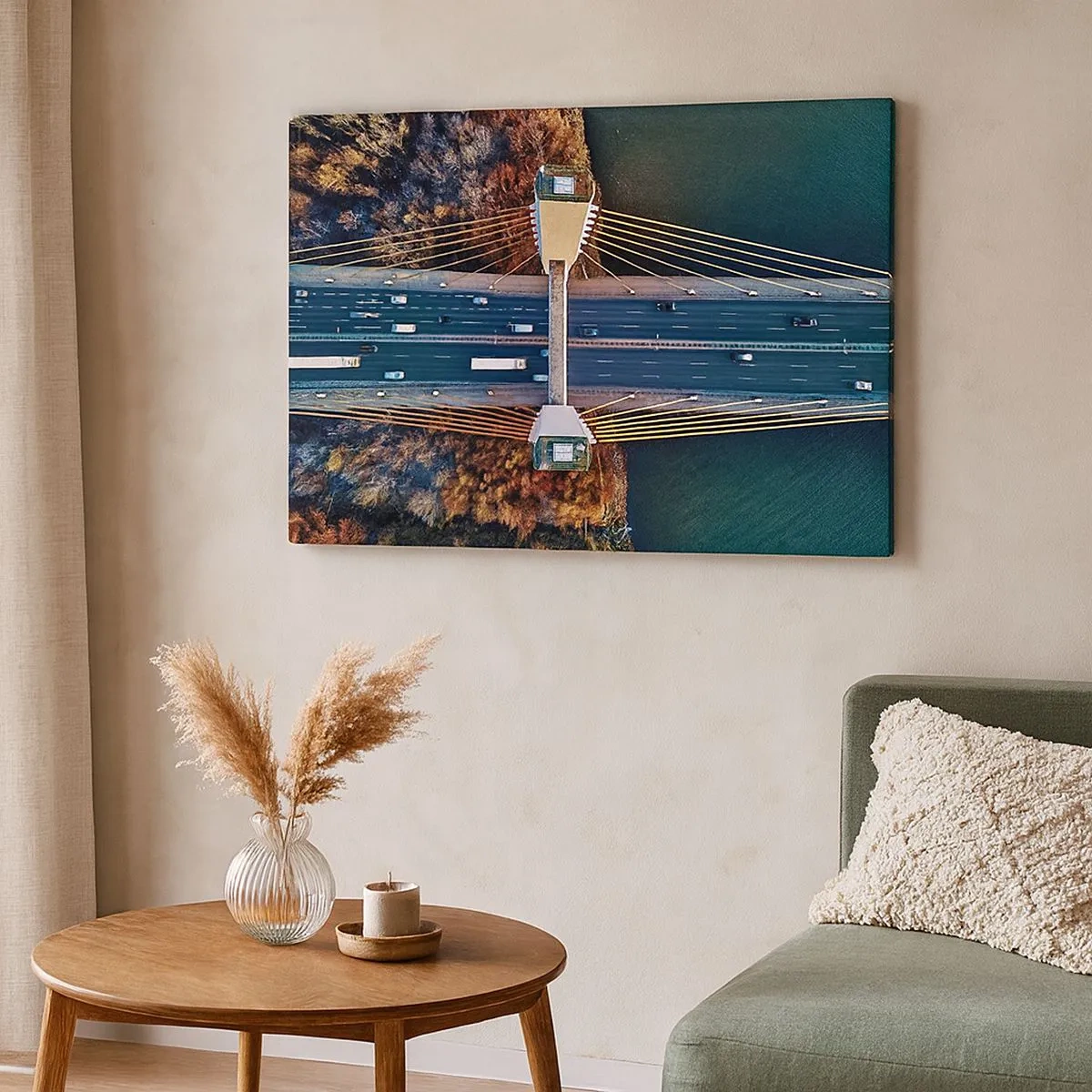 Canvastavla - Bild på duk - Flygfoto över bron över floden och höstlandskapet - 70x50cm - Bortom vatten, bortom skog - Modern väggdekoration för vardagsrum och sovrum ARTTOR