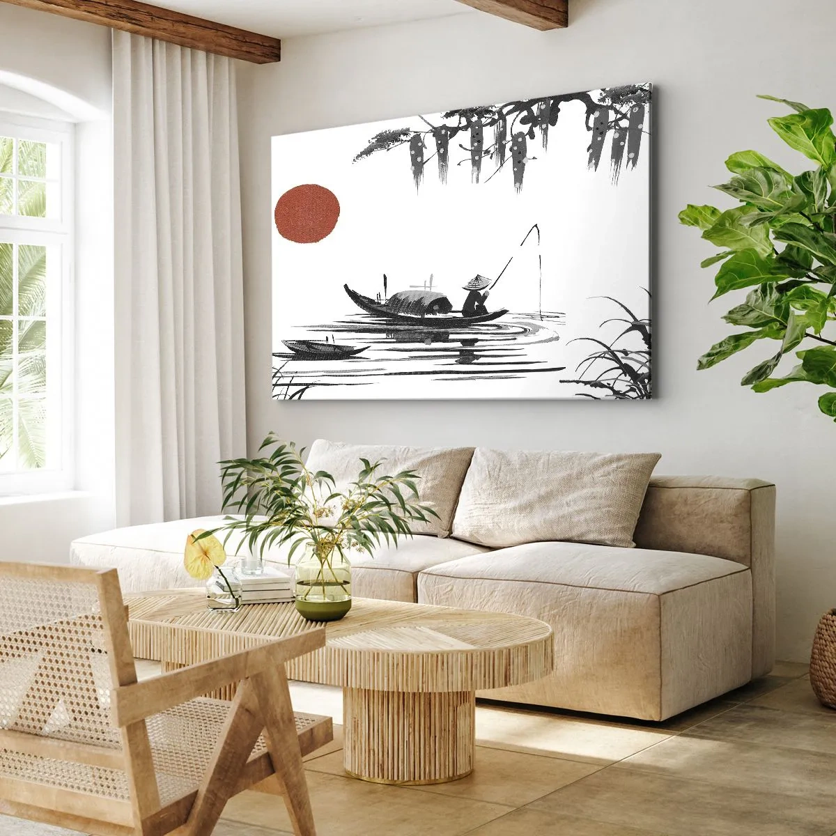 Canvastavla - Bild på duk - Orientaliskt landskap med en fiskare på en båt och en röd sol - 70x50cm - Asiatisk eftermiddag - Modern väggdekoration för vardagsrum och sovrum ARTTOR