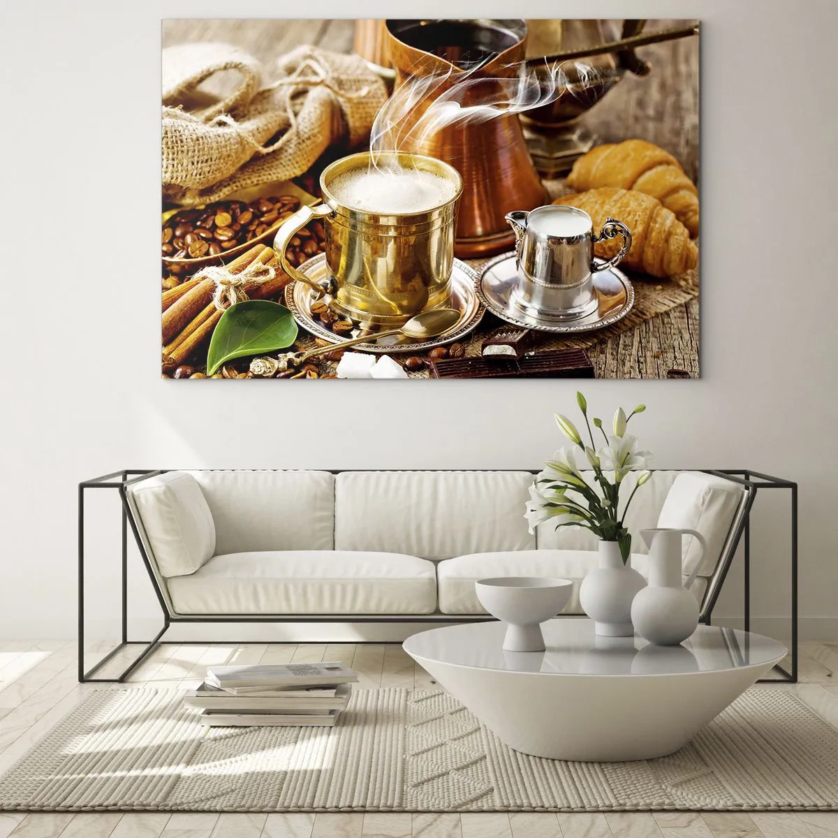 Glastavla - Bild på glas - En gyllene mugg kaffe med mjölk omgiven av säd och croissanter - 70x50cm - Ha en trevlig dag! - Modern väggdekoration för vardagsrum och sovrum ARTTOR