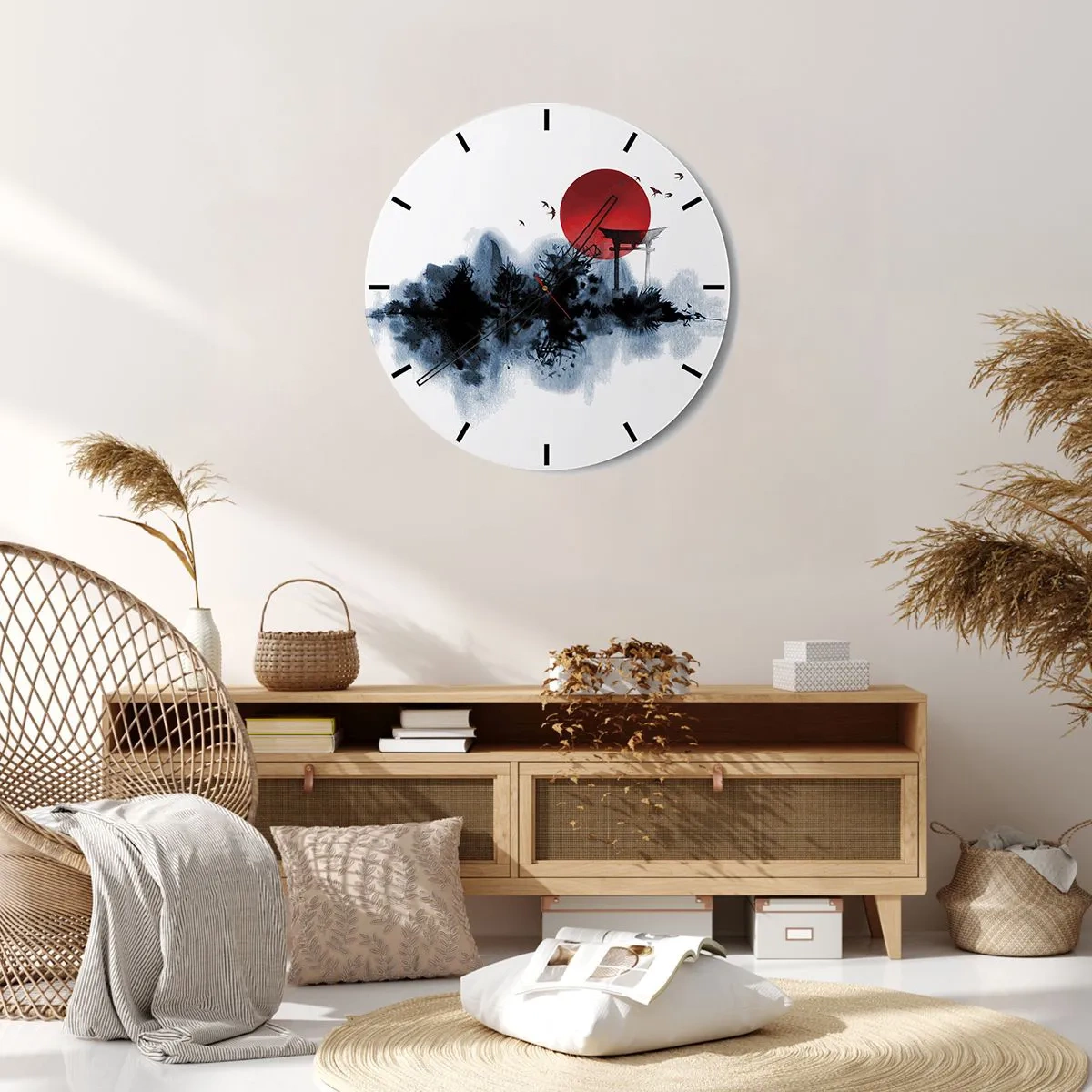 Väggklocka - Klocka på glas - En röd solboll och en toriiport i japansk stil över vatten - 30x30cm - Japansk utsikt - Modern väggdekoration för vardagsrum, kök och sovrum ARTTOR