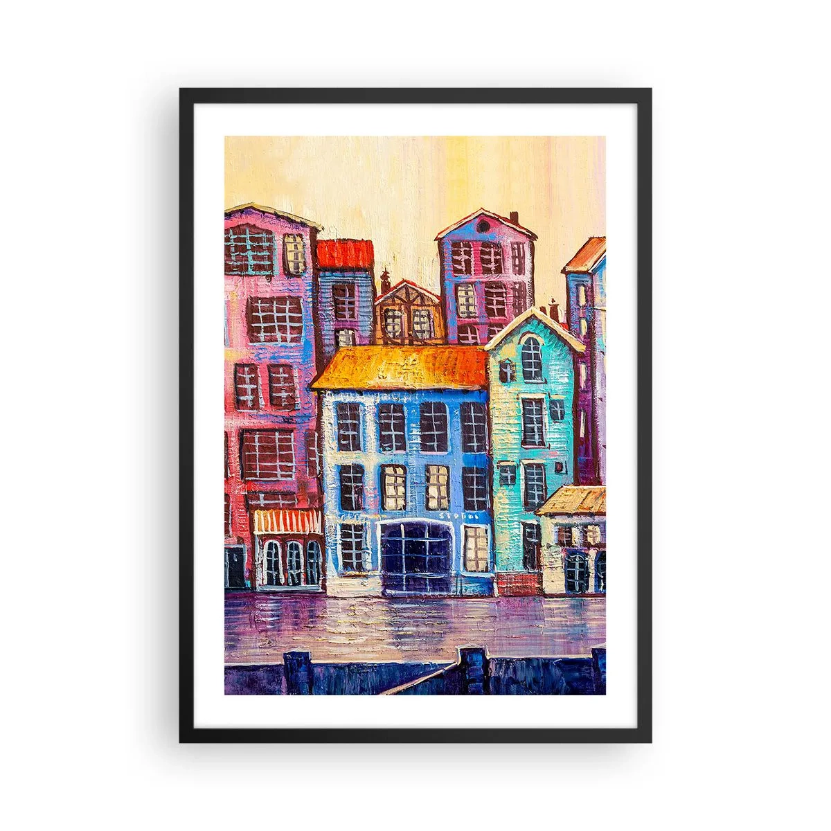 Affisch i svart ram - Färgglada hyreshus vid vattnet i målerisk stil - 50x70cm - En sagostad - Modern väggdekoration för vardagsrum och sovrum ARTTOR