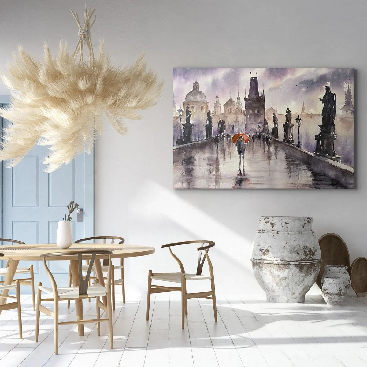 Canvastavla - Bild på duk - Romantisk utsikt över en bro med ett paraply mot bakgrund av en kvällsstad - 70x50cm - Människor förändras inte - Modern väggdekoration för vardagsrum och sovrum ARTTOR