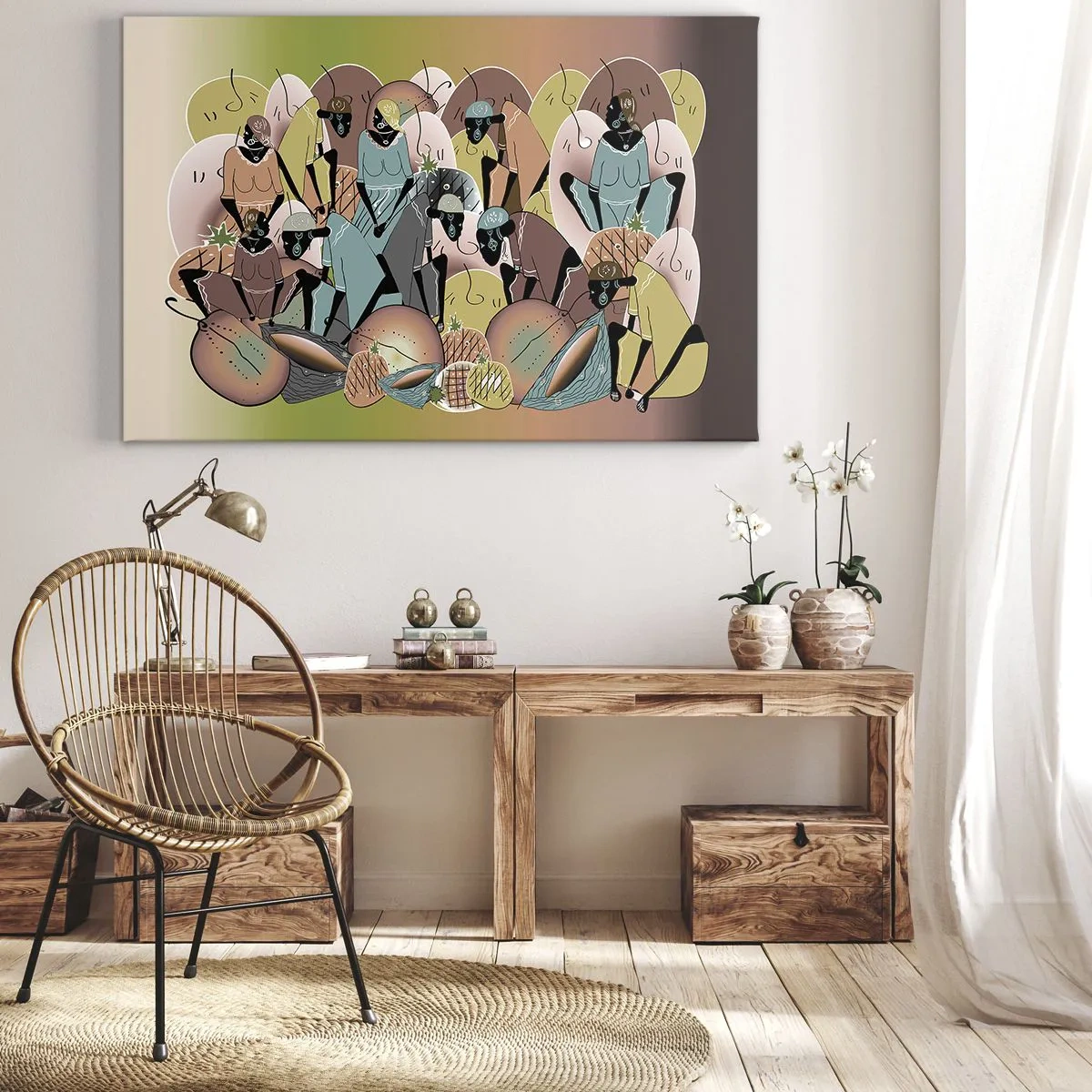 Canvastavla - Bild på duk - En färgglad abstrakt komposition inspirerad av afrikansk kultur - 70x50cm - Högtiden kommer - Modern väggdekoration för vardagsrum och sovrum ARTTOR