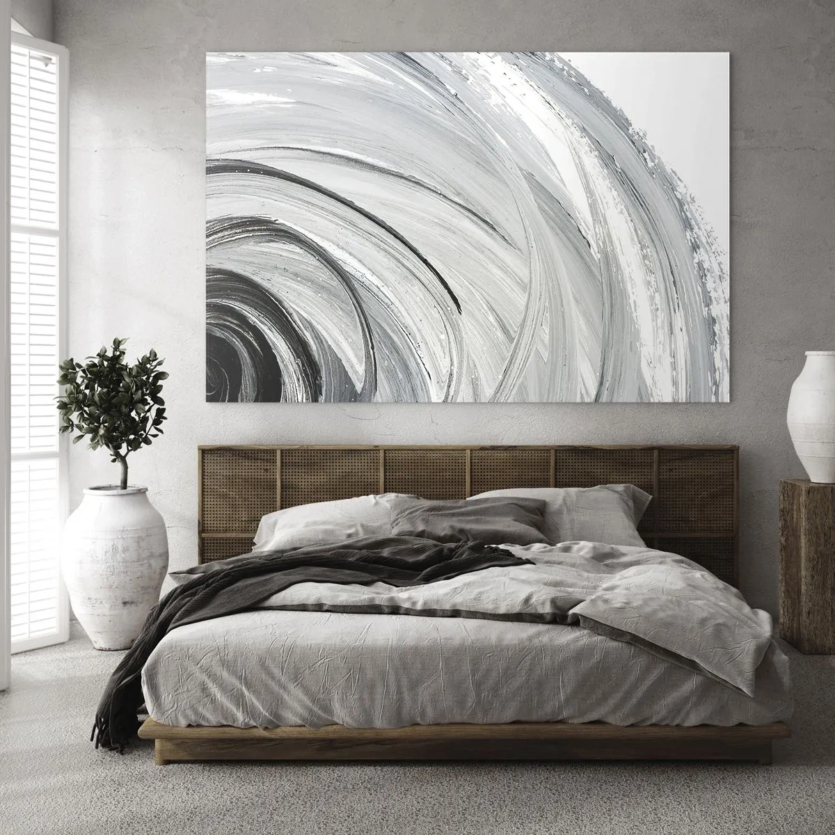 Glastavla - Bild på glas - En svartvit spiral med dynamiska penseldrag. - 70x50cm - Orbital komposition - Modern väggdekoration för vardagsrum och sovrum ARTTOR