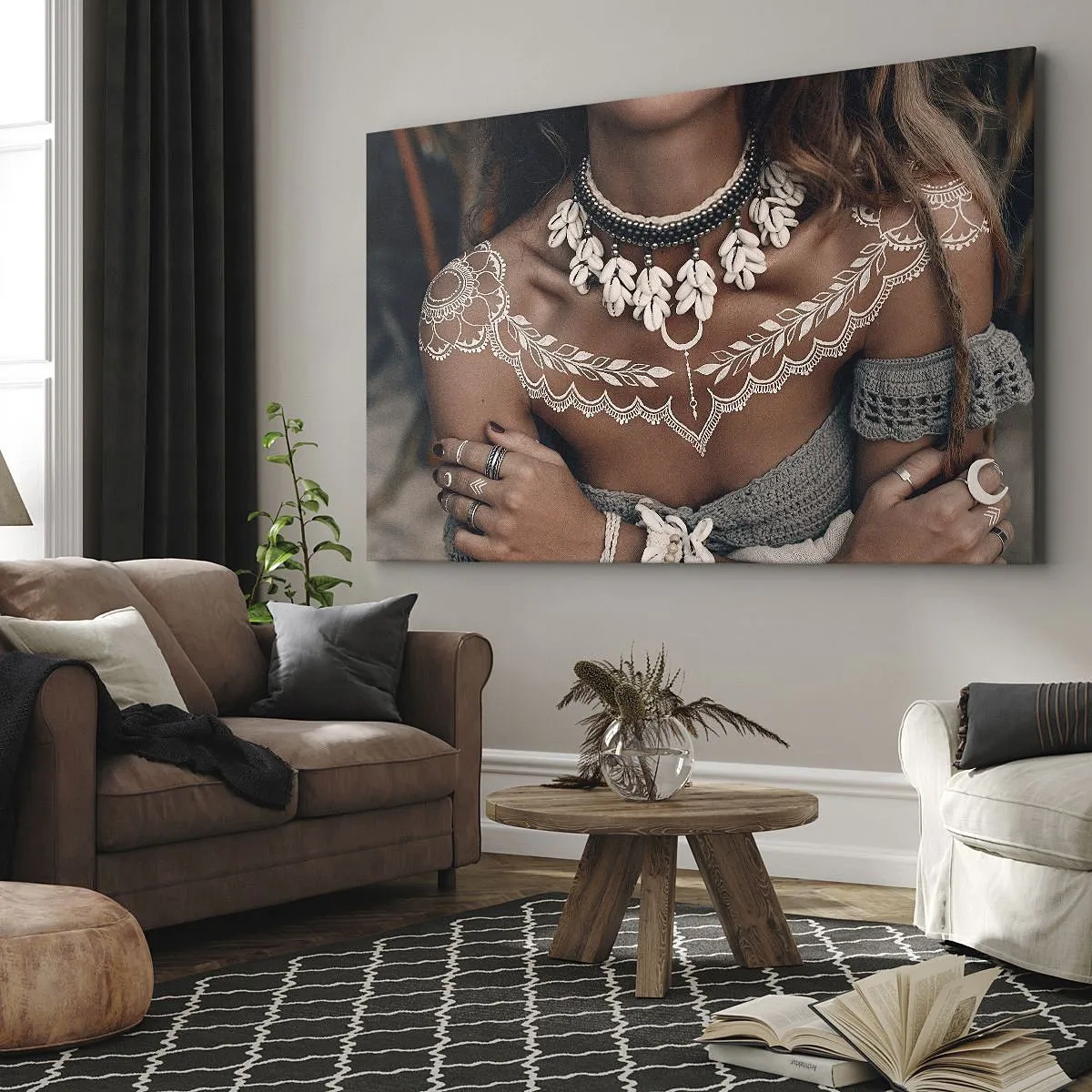 Canvastavla - Bild på duk - Boho-stil med snäcksmycken och spetsmönster - 70x50cm - Kvinnlighetens talismaner, ritualer - Modern väggdekoration för vardagsrum och sovrum ARTTOR