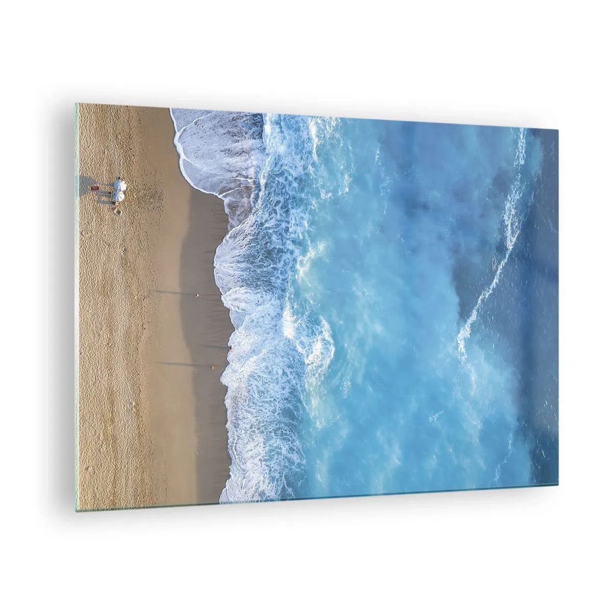 Glastavla - Bild på glas - Flygfoto över stranden och de kraschande vågorna - 70x50cm - Blå styrka - Modern väggdekoration för vardagsrum och sovrum ARTTOR