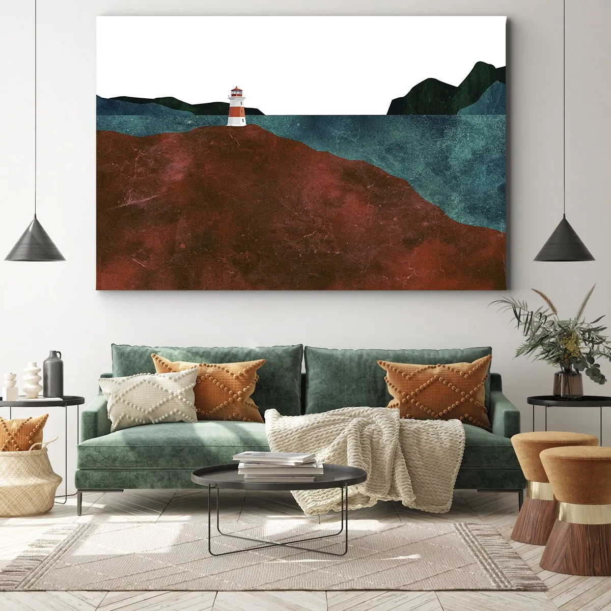 Canvastavla - Bild på duk - En fyr mot bakgrund av berg och hav - 70x50cm - Med blicken riktad mot havet - Modern väggdekoration för vardagsrum och sovrum ARTTOR