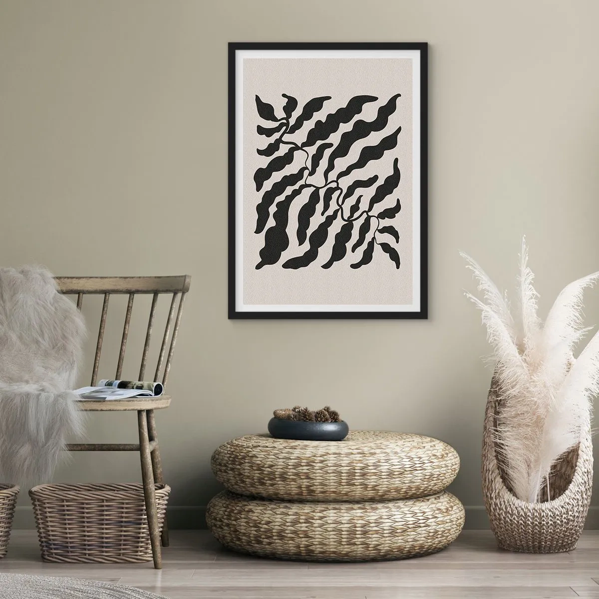 Affisch i svart ram - Abstrakt växtkomposition i svart mot beige bakgrund - 50x70cm - Kvadratens natur - Modern väggdekoration för vardagsrum och sovrum ARTTOR