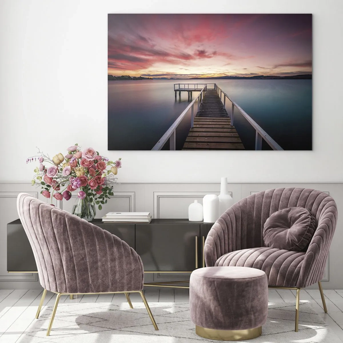 Glastavla - Bild på glas - Sjöpiren vid solnedgången med en rosa himmel - 70x50cm - Kvällens milda låga - Modern väggdekoration för vardagsrum och sovrum ARTTOR