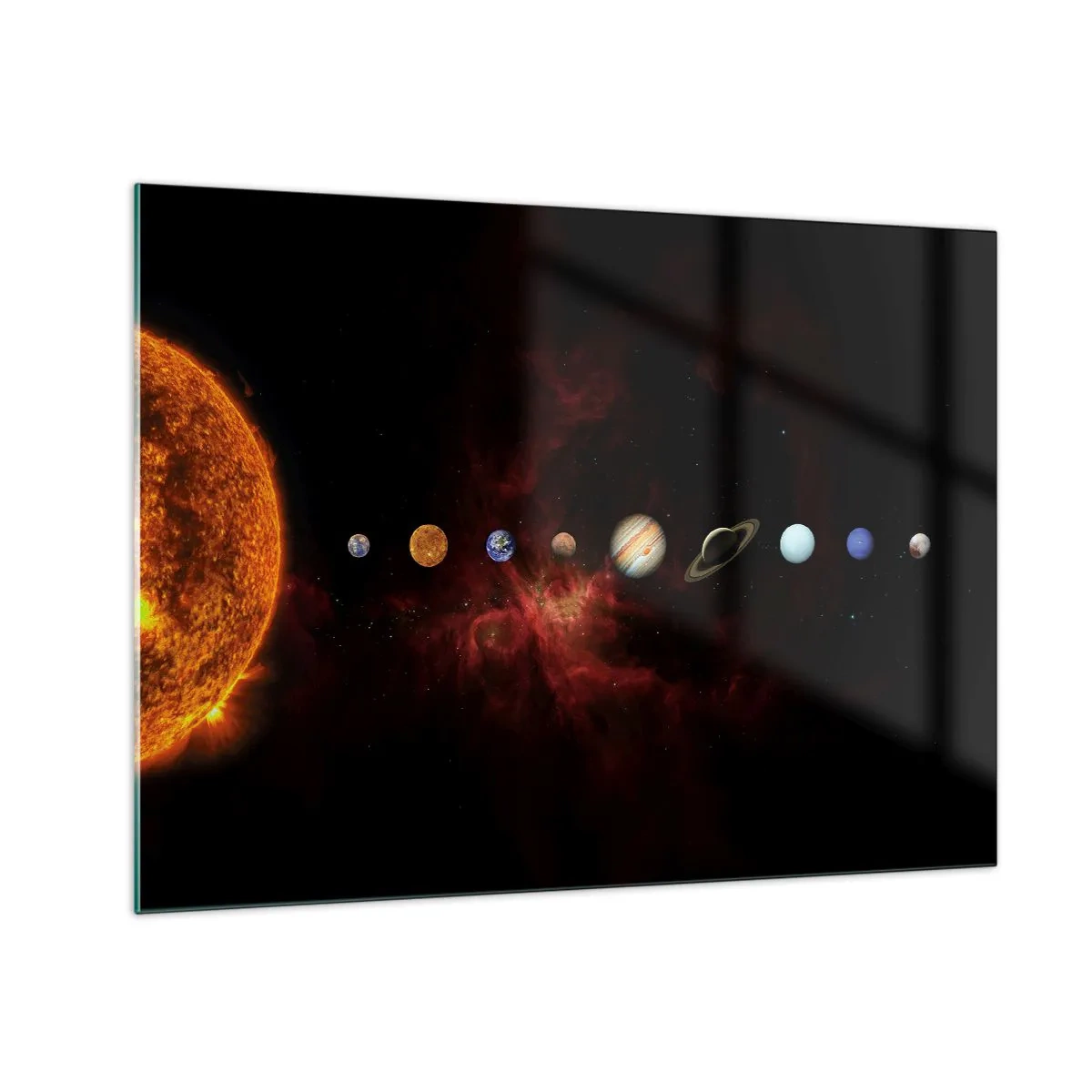 Glastavla - Bild på glas - Planetsystem med solen på svart bakgrund - 70x50cm - Vårt grannskap - Modern väggdekoration för vardagsrum och sovrum ARTTOR