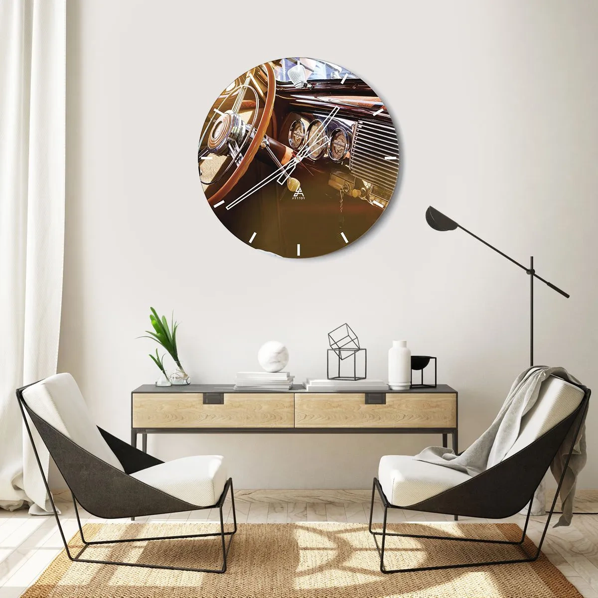 Väggklocka - Klocka på glas - Klassisk bilinredning med trädetaljer - 30x30cm - Smak av lyx från det förflutna - Modern väggdekoration för vardagsrum, kök och sovrum ARTTOR