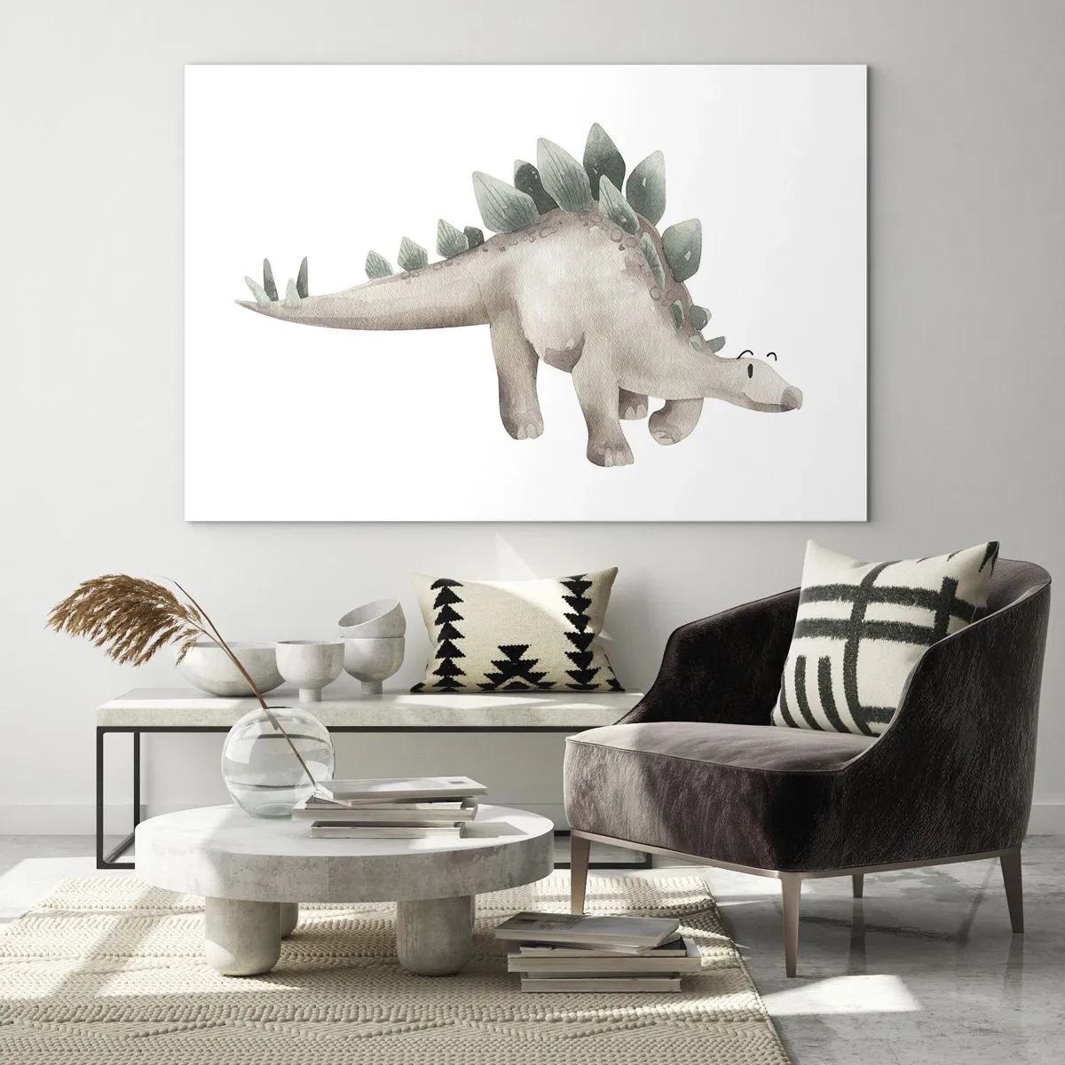 Glastavla - Bild på glas - En söt dinosaurie i pastellfärger på en vit bakgrund - 70x50cm - Er vän - Modern väggdekoration för vardagsrum och sovrum ARTTOR