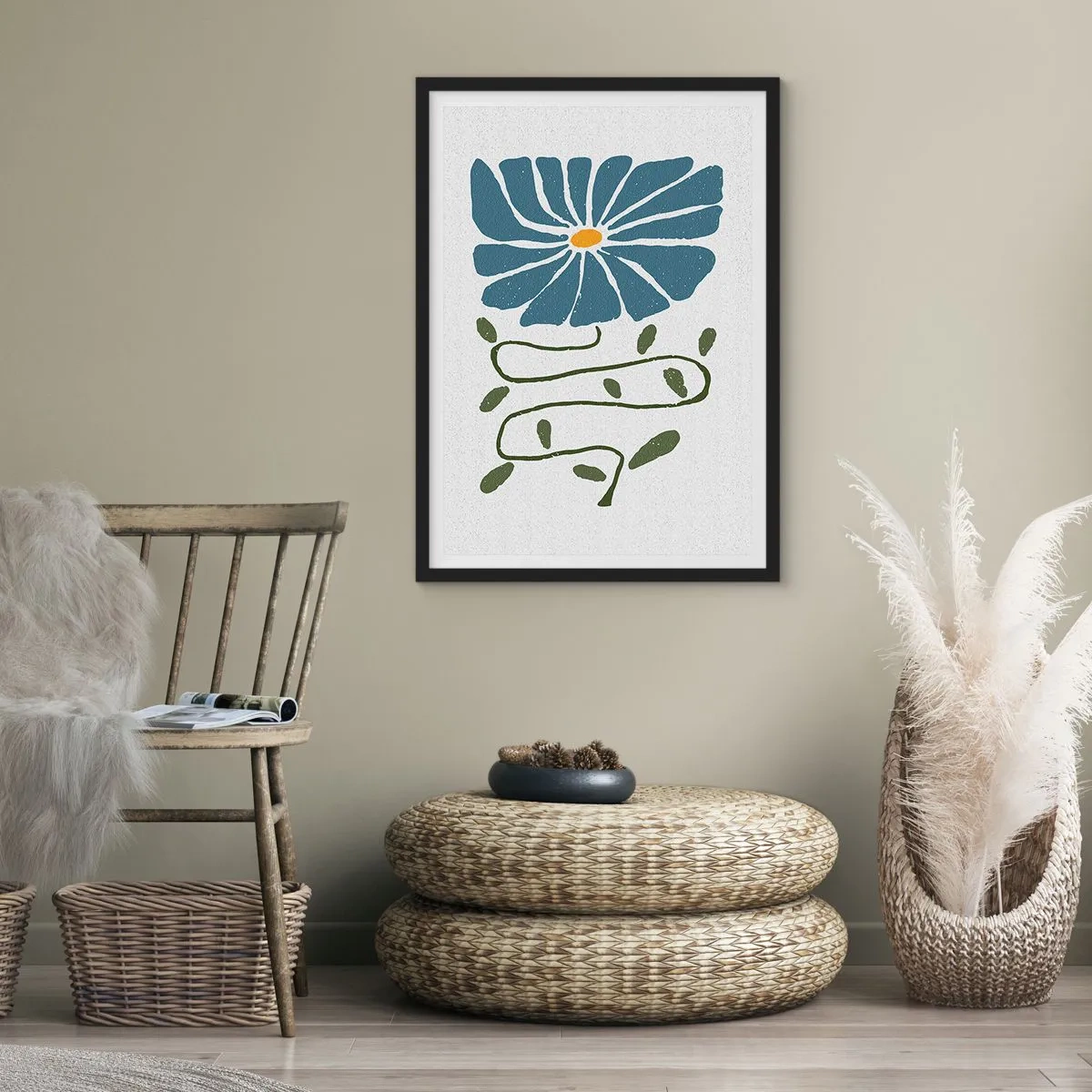 Affisch i svart ram - En blå blomma med en slingrande stjälk mot en ljus bakgrund - 50x70cm - Kvist till blomma - Modern väggdekoration för vardagsrum och sovrum ARTTOR