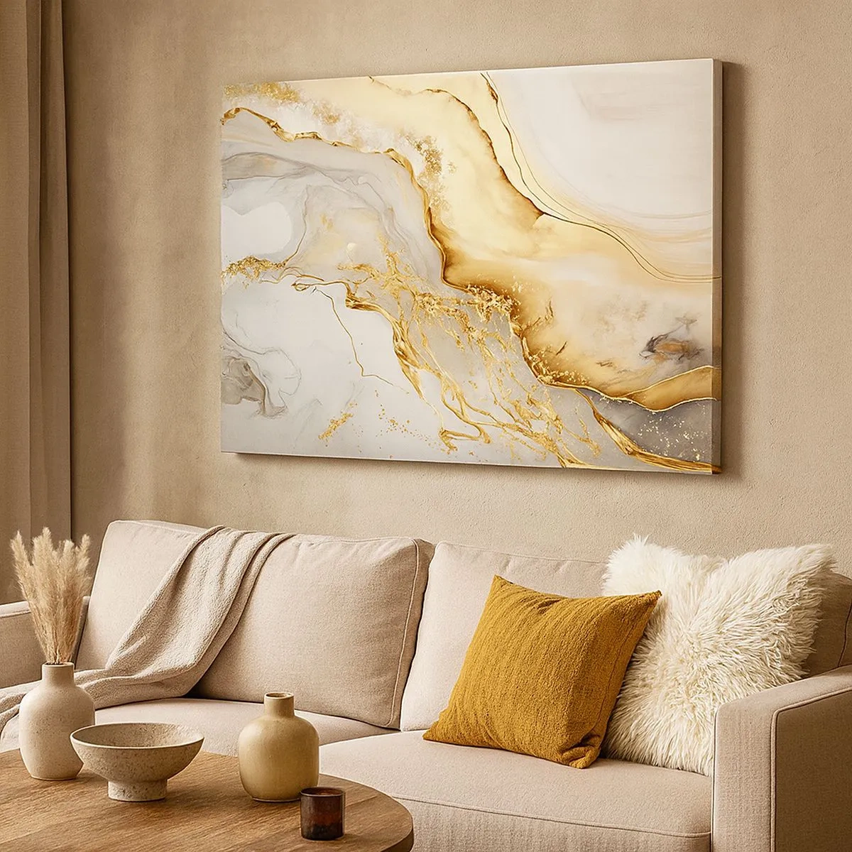 Canvastavla - Bild på duk - Abstrakta mönster i guld och marmor på en ljus bakgrund - 70x50cm - Abstraktion: skönhet och godhet - Modern väggdekoration för vardagsrum och sovrum ARTTOR