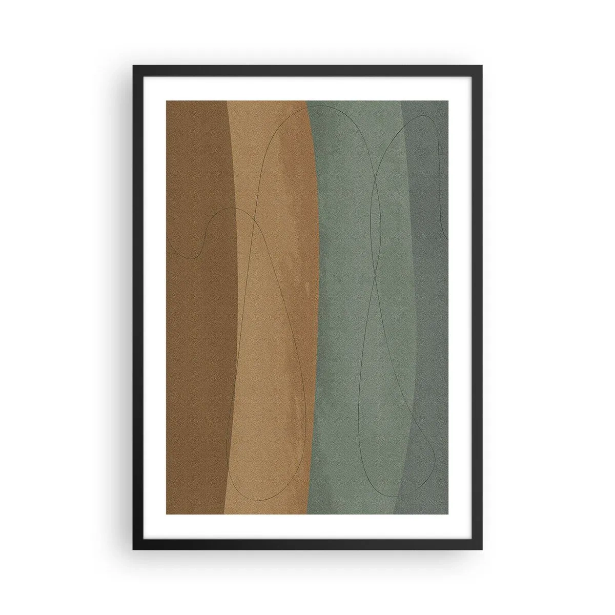 Affisch i svart ram - Organiska linjer på jordnära och gröna bakgrunder - 50x70cm - Horisontell komposition - Modern väggdekoration för vardagsrum och sovrum ARTTOR