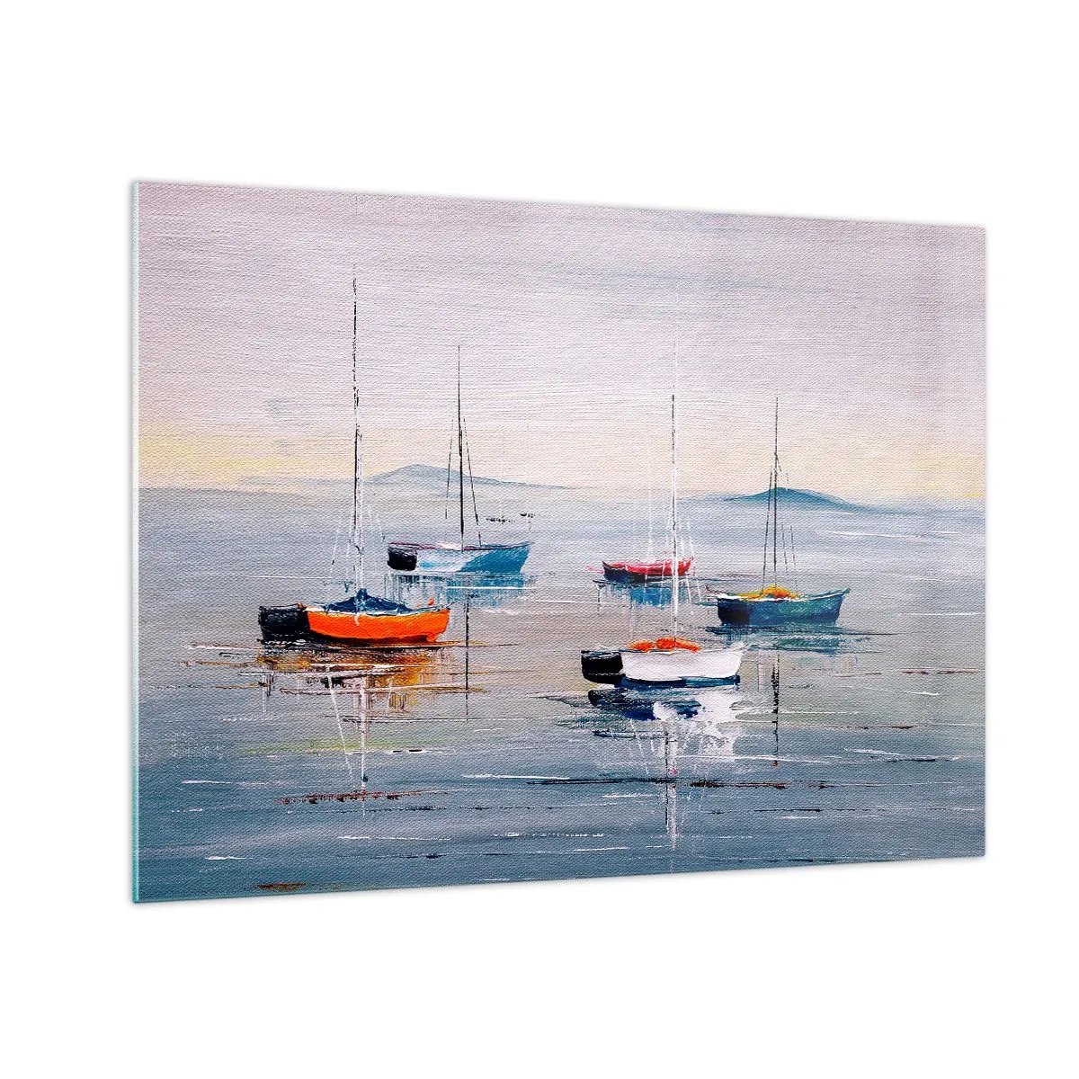 Glastavla - Bild på glas - Färgglada båtar som driver på det lugna vattnet vid solnedgången - 70x50cm - En välförtjänt vila - Modern väggdekoration för vardagsrum och sovrum ARTTOR