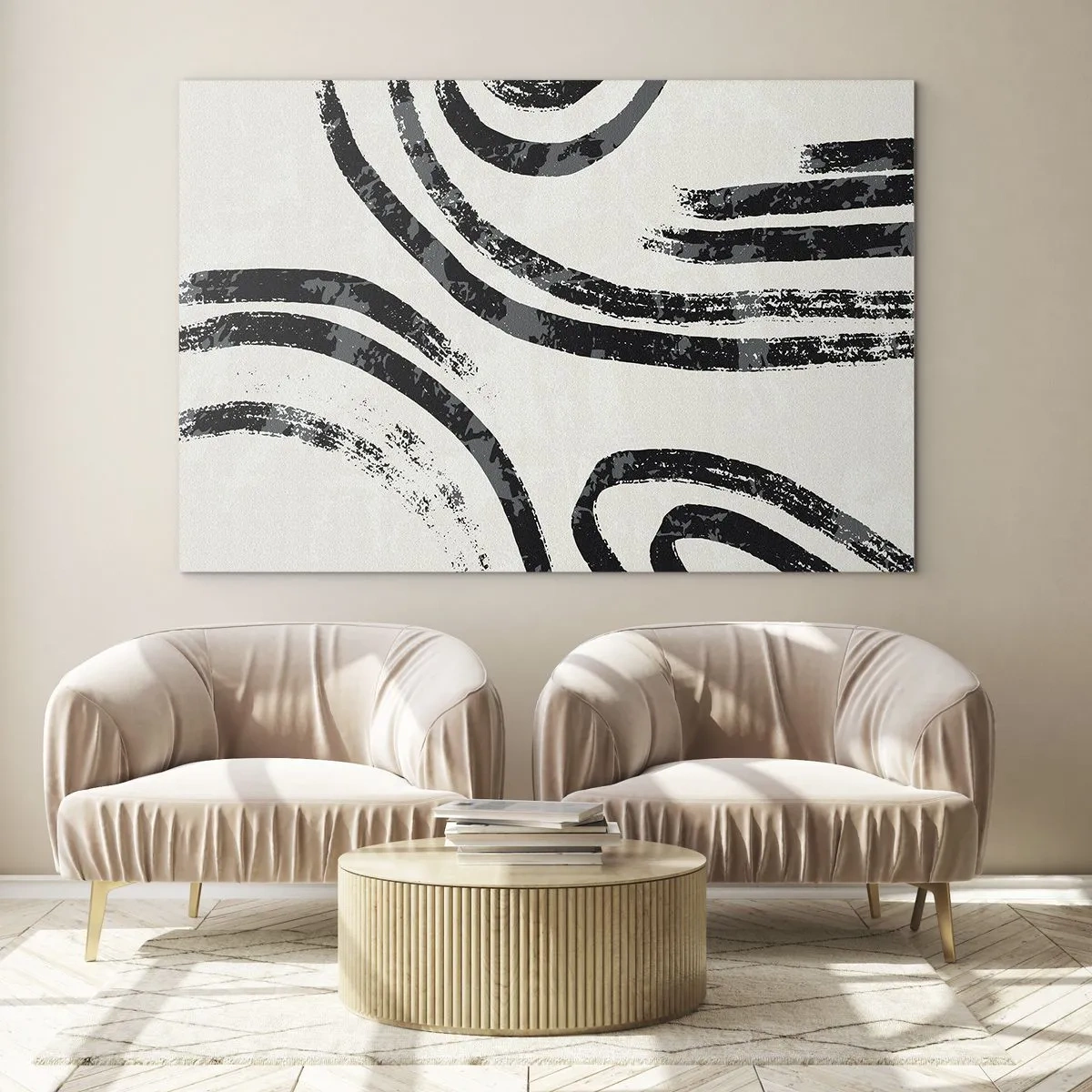 Glastavla - Bild på glas - Svarta halvcirkelformade linjer i en minimalistisk abstraktion mot en ljus bakgrund - 70x50cm - Halvstoppad - Modern väggdekoration för vardagsrum och sovrum ARTTOR