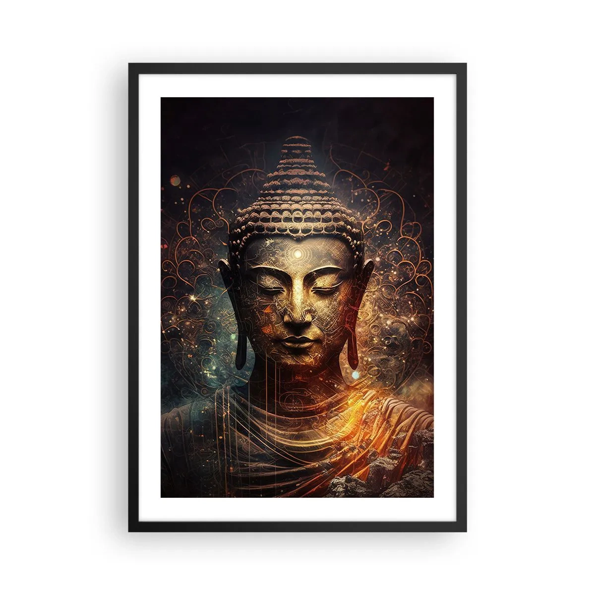 Affisch i svart ram - Mystisk bild av Buddha i gyllene nyanser - 50x70cm - Andlig balans - Modern väggdekoration för vardagsrum och sovrum ARTTOR