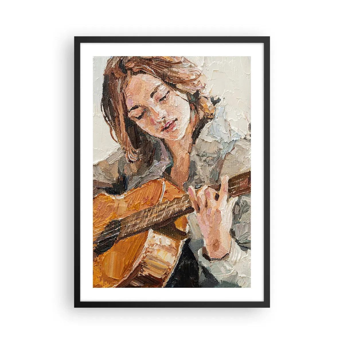 Affisch i svart ram - Porträtt av en kvinna som spelar gitarr i impasto-stil - 50x70cm - Konsert för gitarr och en flickas hjärta - Modern väggdekoration för vardagsrum och sovrum ARTTOR