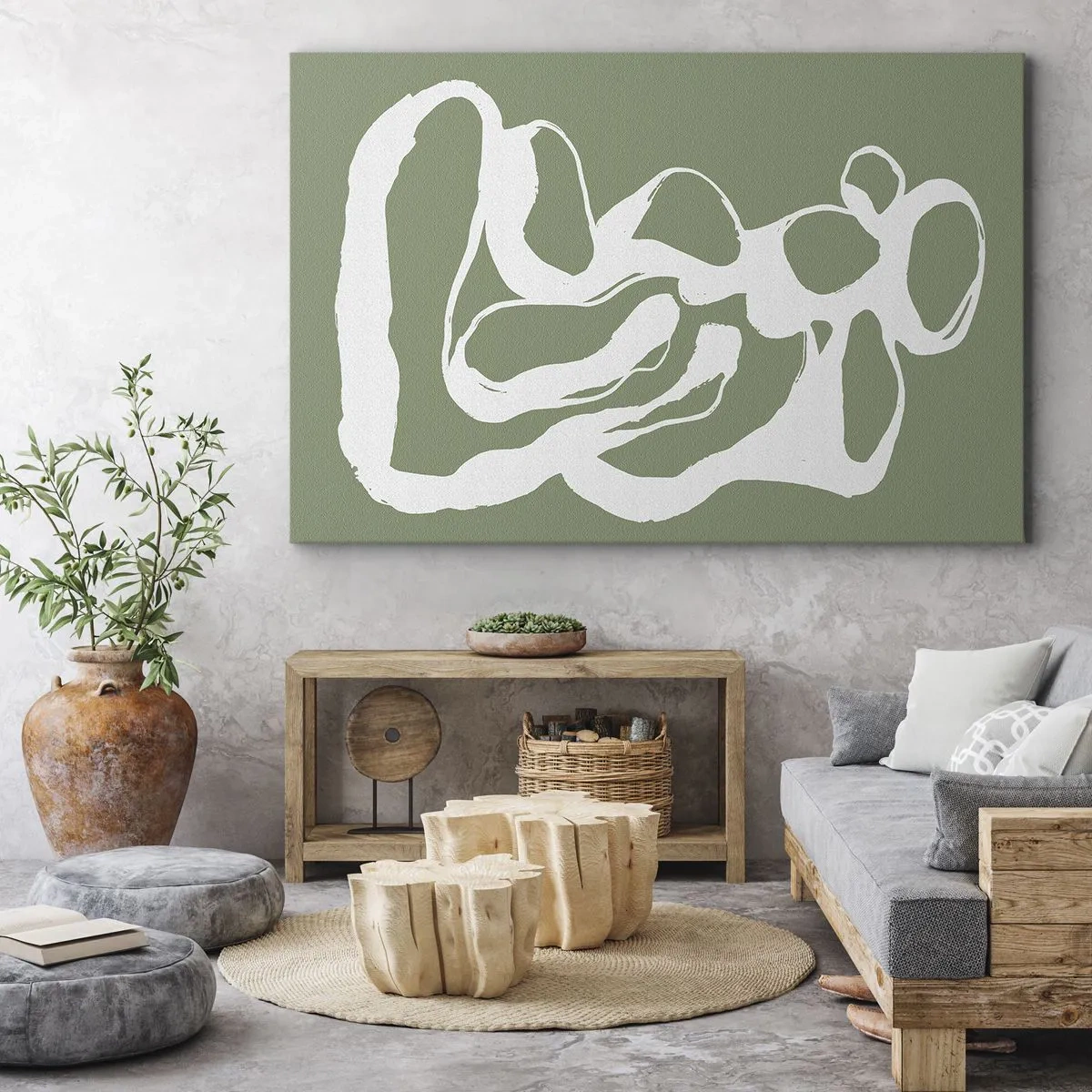 Canvastavla - Bild på duk - Organiska former i vitt mot grön bakgrund - 70x50cm - Rymdens kallelse - Modern väggdekoration för vardagsrum och sovrum ARTTOR