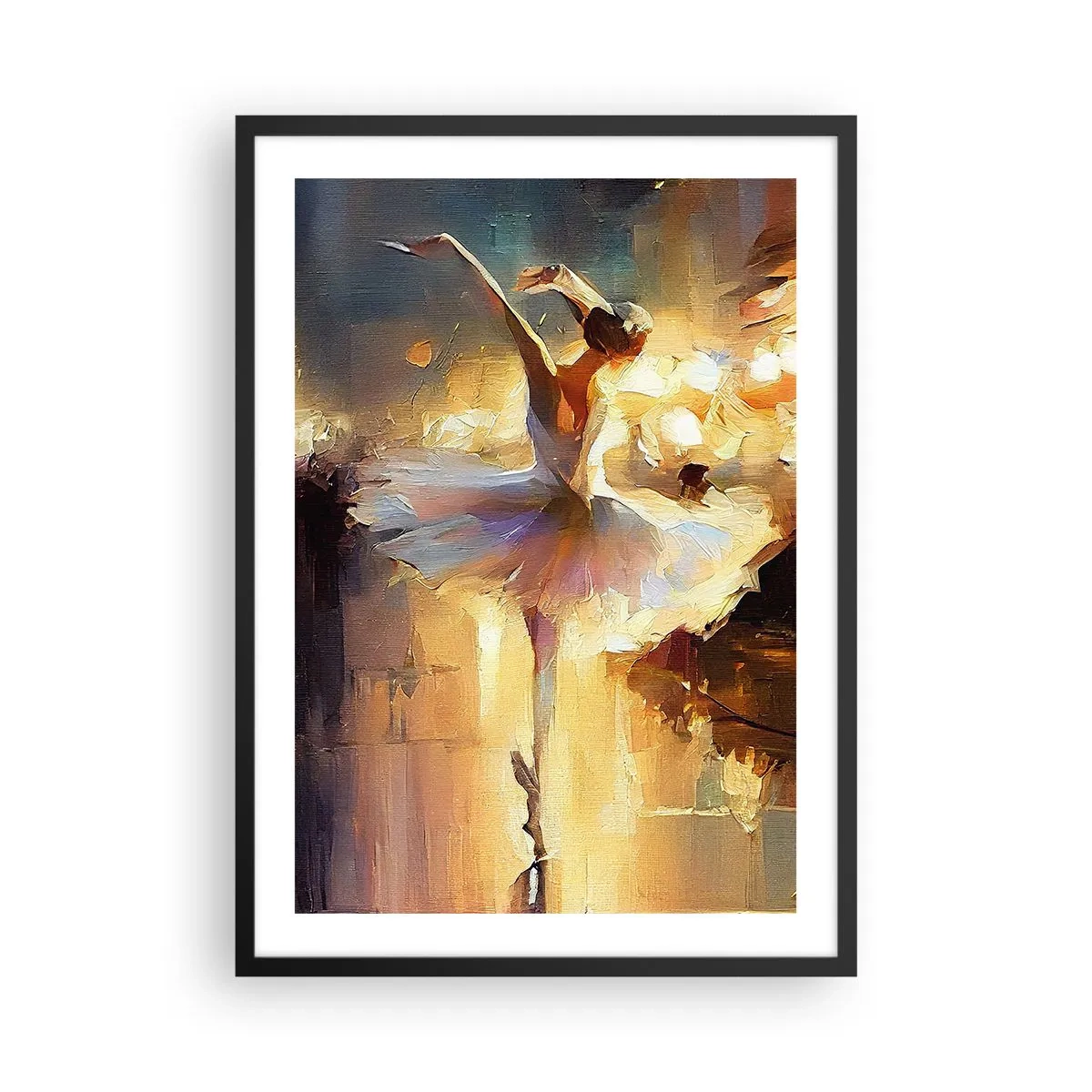 Affisch i svart ram - En ballerina i scenens gyllene ljus - 50x70cm - Ett mirakel på gatan - Modern väggdekoration för vardagsrum och sovrum ARTTOR