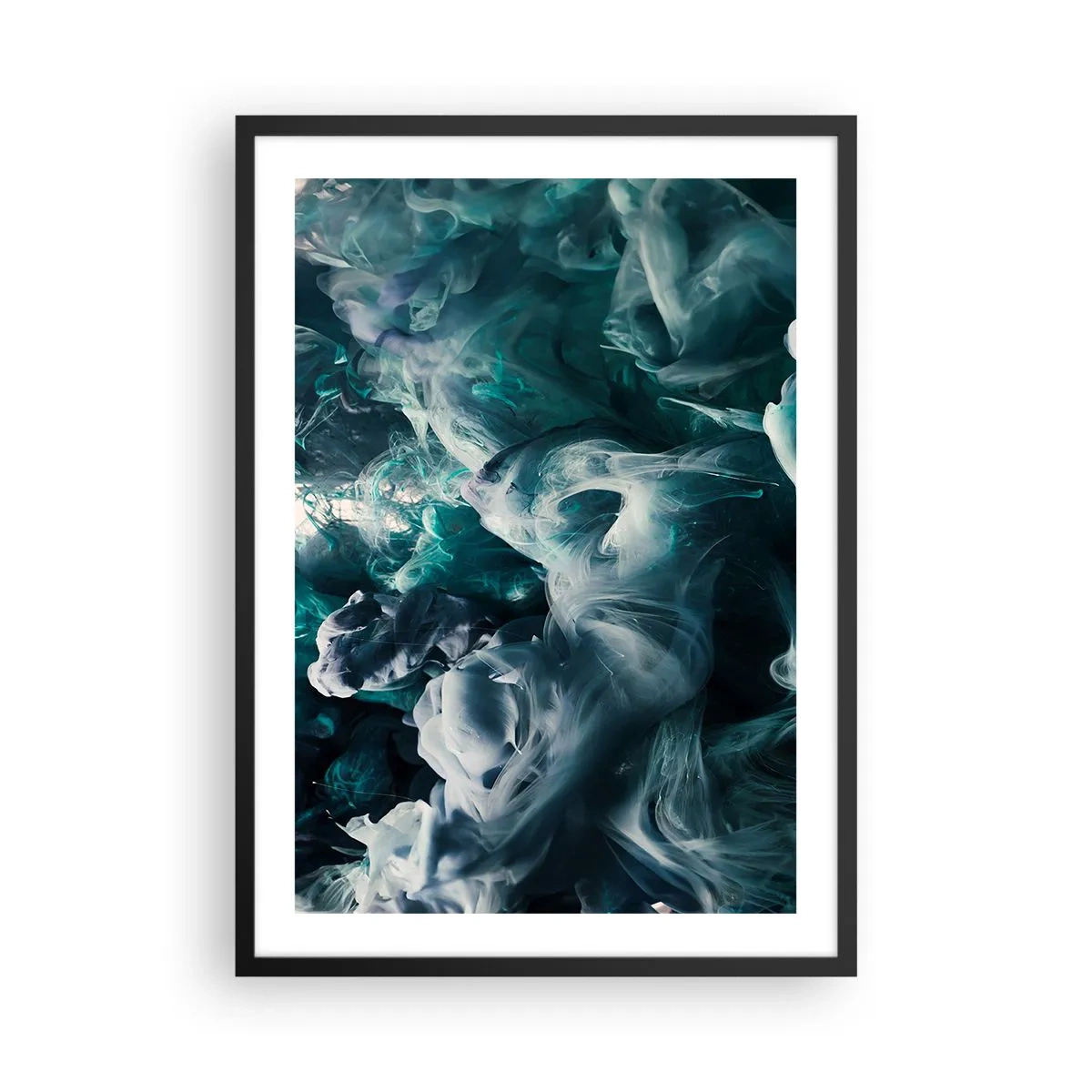 Affisch i svart ram - En abstrakt komposition av virvlande färger i nyanser av grönt och blått. - 50x70cm - Färg i rörelse - Modern väggdekoration för vardagsrum och sovrum ARTTOR