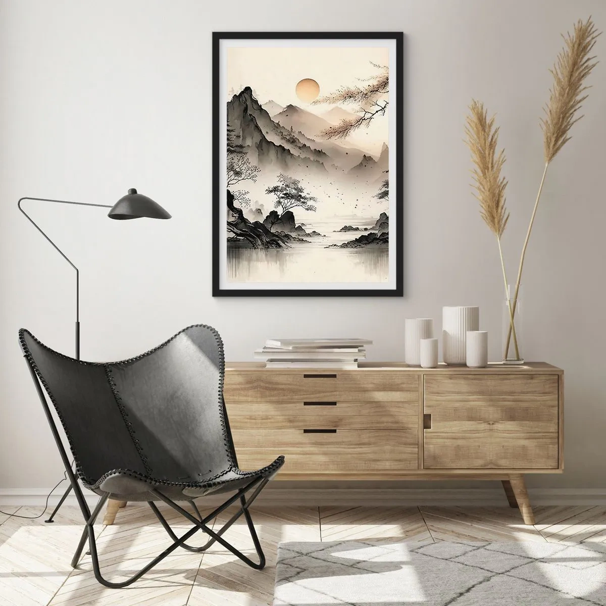 Affisch i svart ram - Ett minimalistiskt bergslandskap i japansk stil - 50x70cm - Orientens unika charm - Modern väggdekoration för vardagsrum och sovrum ARTTOR