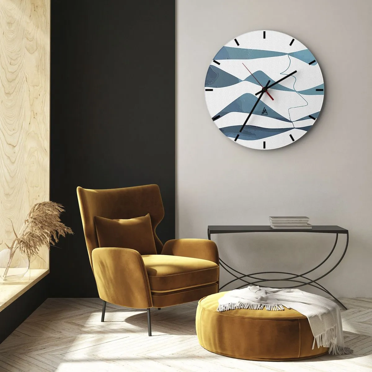 Väggklocka - Klocka på glas - Abstrakta vågor och linjer på en vit bakgrund i turkosa nyanser - 30x30cm - Abstraktion: en turkos förening - Modern väggdekoration för vardagsrum, kök och sovrum ARTTOR