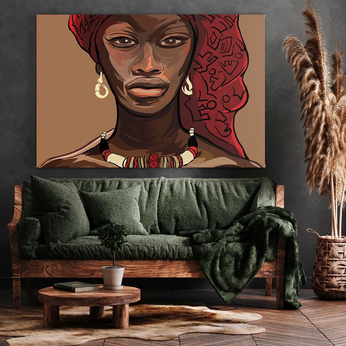 Canvastavla - Bild på duk - Porträtt av en kvinna med röd turban mot beige bakgrund - 70x50cm - Venus i ebenholts - Modern väggdekoration för vardagsrum och sovrum ARTTOR