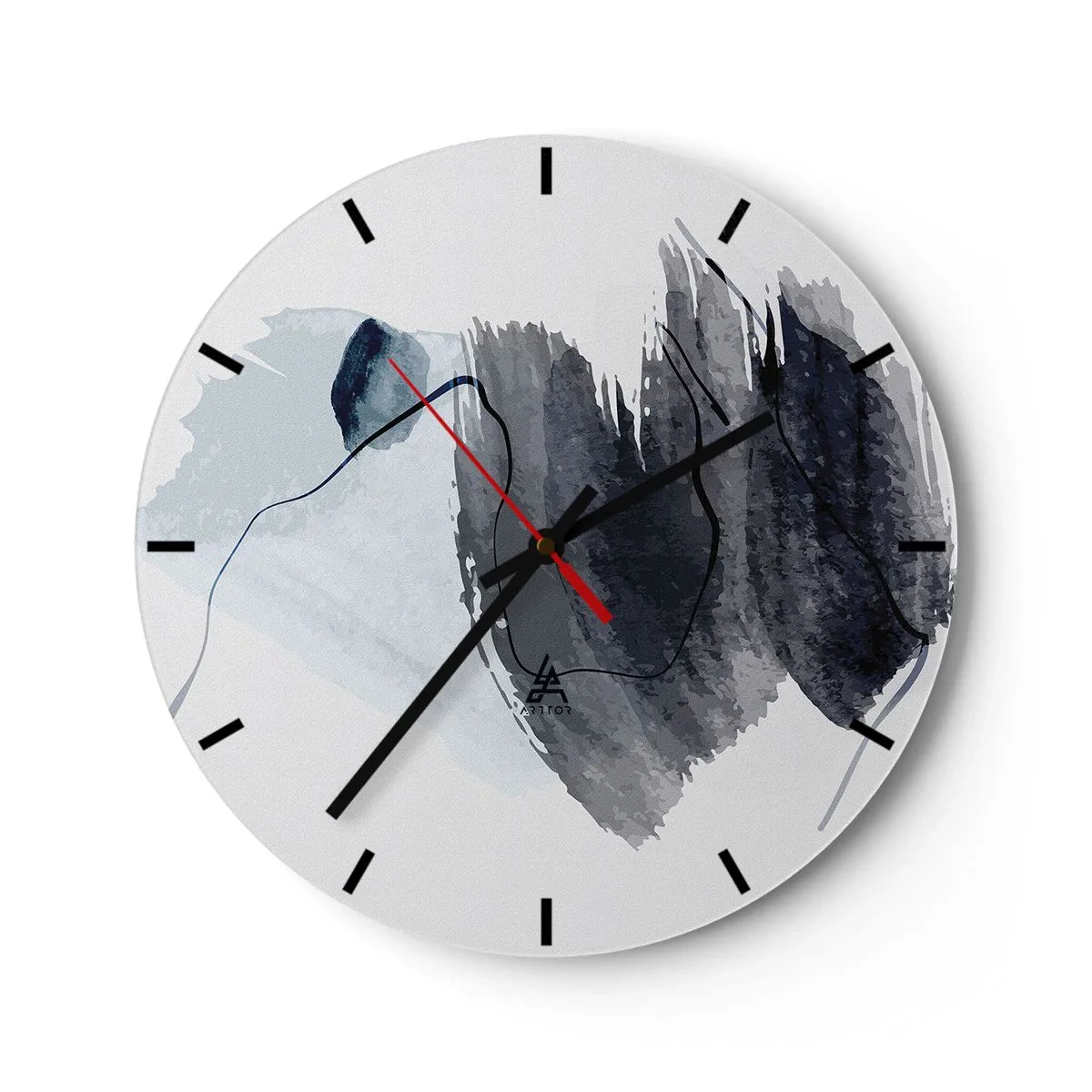 Väggklocka - Klocka på glas - Mörkblå akvarellfläckar på en ljus bakgrund - 30x30cm - Intensitet och rörelse - Modern väggdekoration för vardagsrum, kök och sovrum ARTTOR