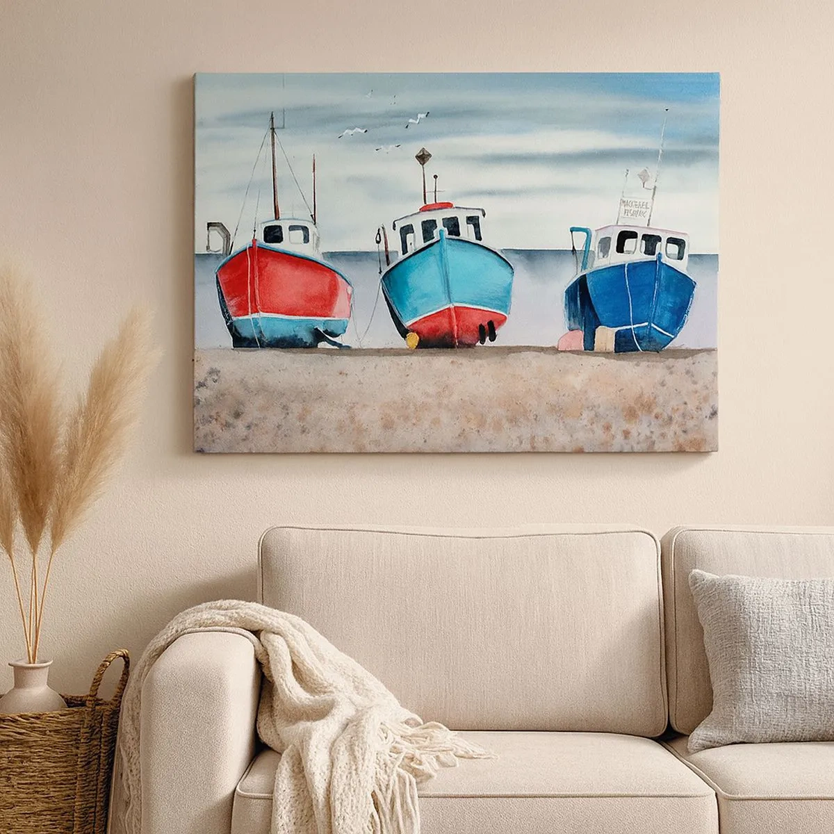 Canvastavla - Bild på duk - Färgglada fiskebåtar på stranden i ett havslandskap - 70x50cm - Redo för fångst - Modern väggdekoration för vardagsrum och sovrum ARTTOR
