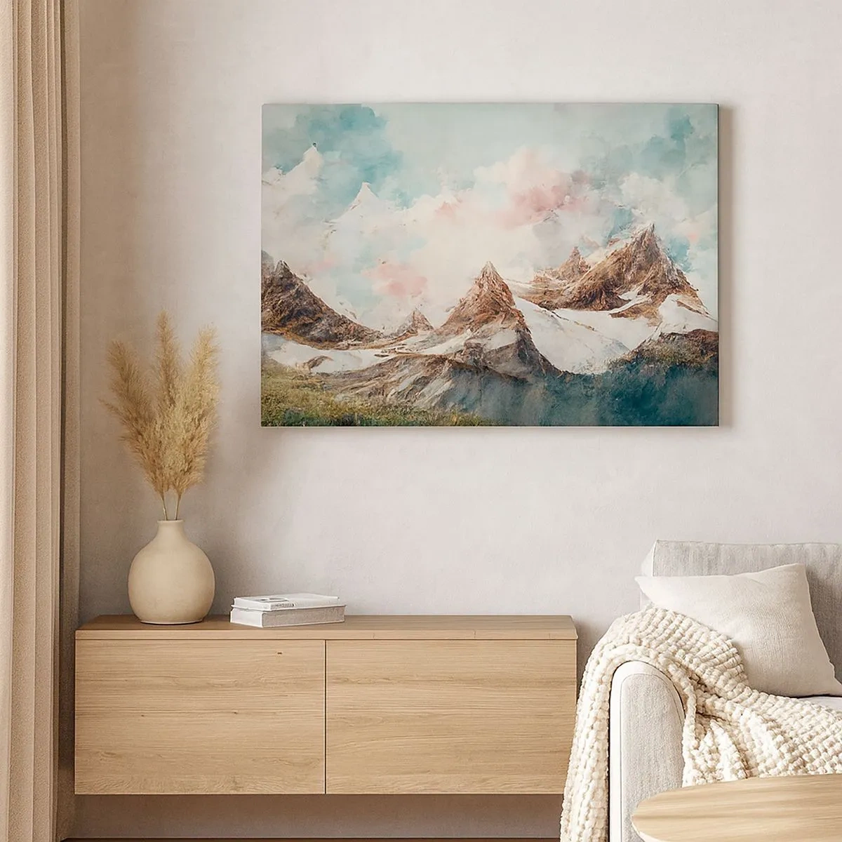 Canvastavla - Bild på duk - Pittoreska berg med pastellfärgad himmel - 70x50cm - Steniga blad - Modern väggdekoration för vardagsrum och sovrum ARTTOR
