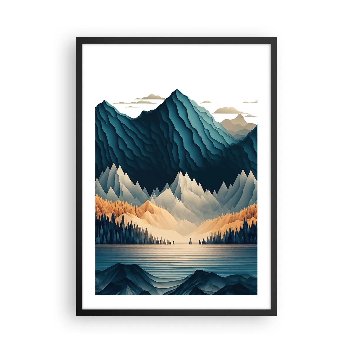 Affisch i svart ram - Stiliserat bergslandskap med en sjö i nyanser av blått - 50x70cm - Perfekt bergslandskap - Modern väggdekoration för vardagsrum och sovrum ARTTOR