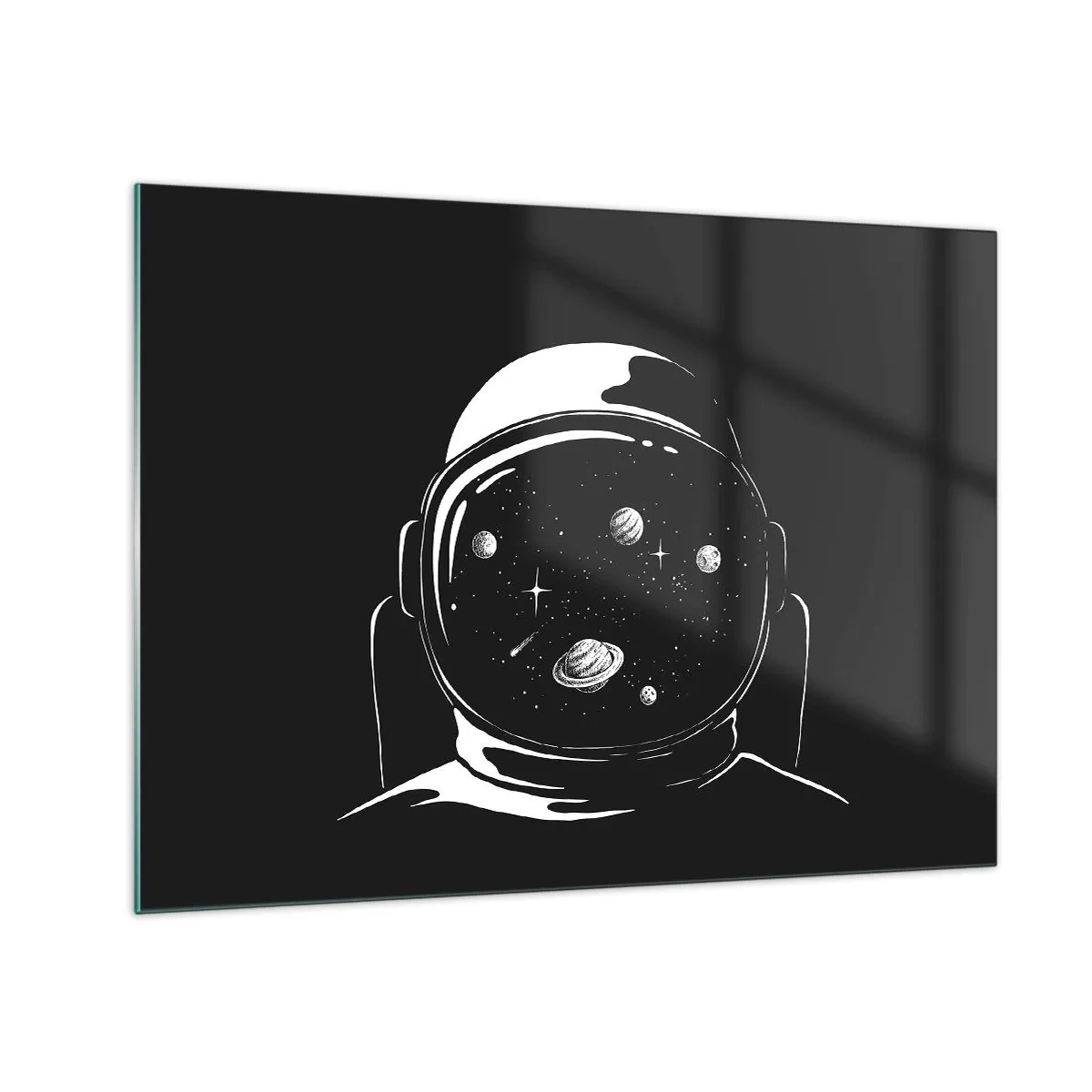 Glastavla - Bild på glas - Astronaut med stjärnor och planeter i sin hjälm på svart bakgrund - 70x50cm - Fin utsikt - Modern väggdekoration för vardagsrum och sovrum ARTTOR
