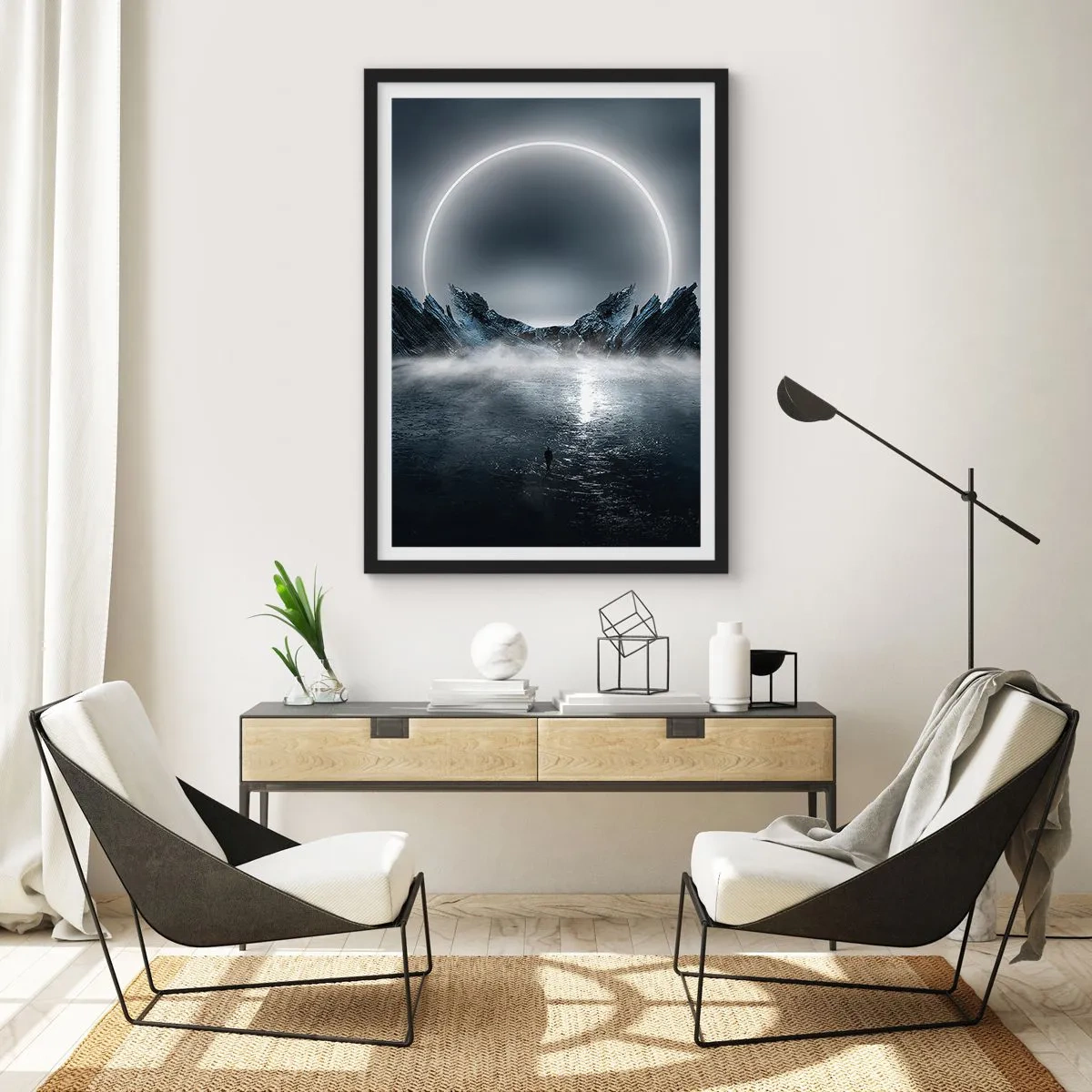 Affisch i svart ram - Ett mystiskt landskap med en ljus cirkel på himlen - 50x70cm - En berättelses final - Modern väggdekoration för vardagsrum och sovrum ARTTOR