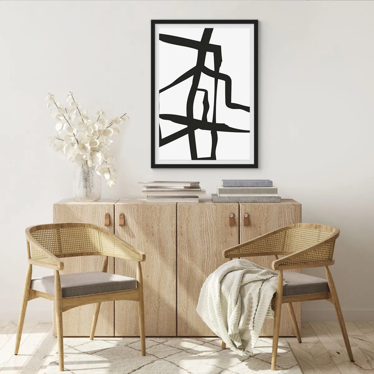 Affisch i svart ram - Abstrakt komposition av svarta linjer på en vit bakgrund - 50x70cm - Svartvit konstruktion - Modern väggdekoration för vardagsrum och sovrum ARTTOR