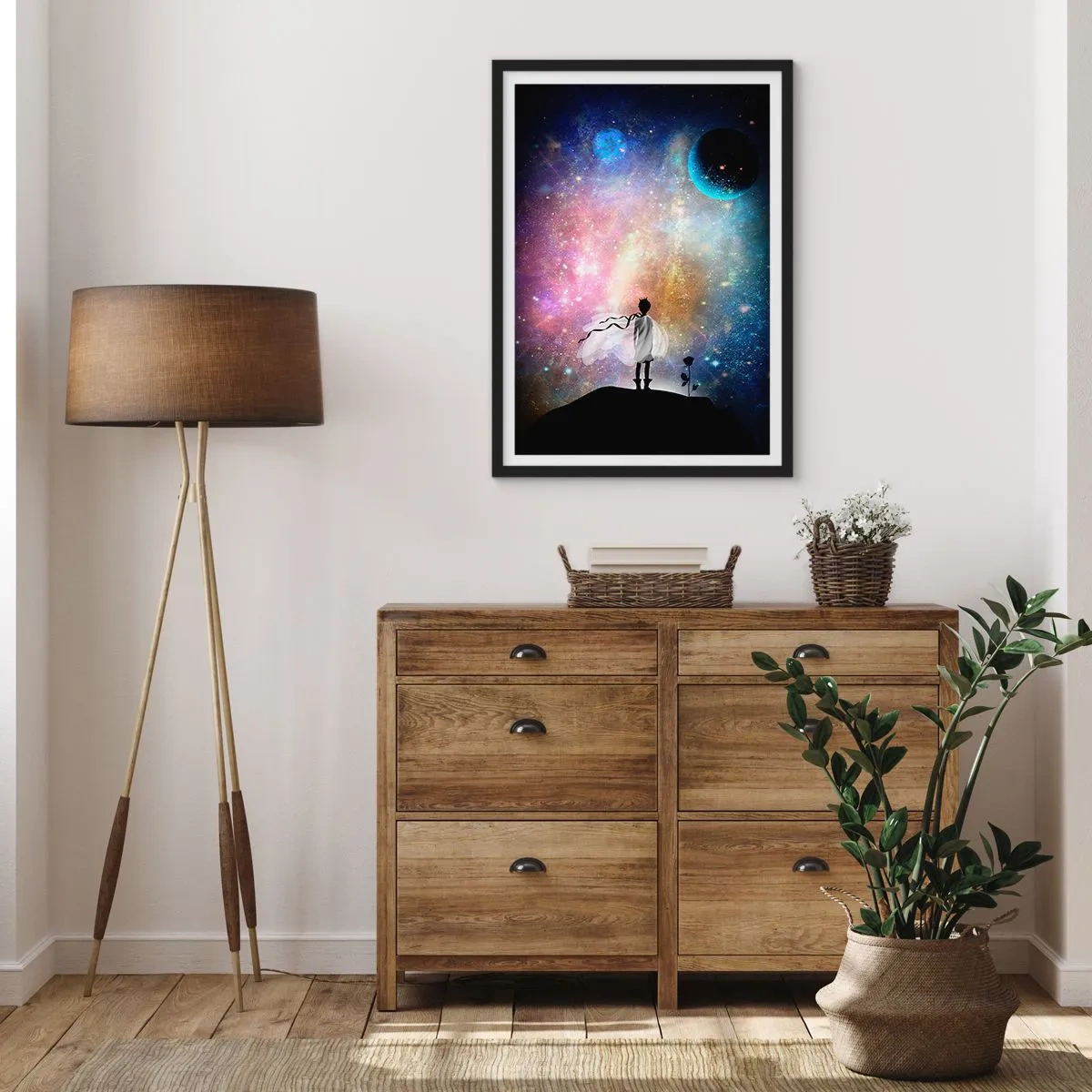 Affisch i svart ram - En fantastisk rymdscen med en silhuett av en karaktär och en ros - 50x70cm - Den lille prinsen - Modern väggdekoration för vardagsrum och sovrum ARTTOR