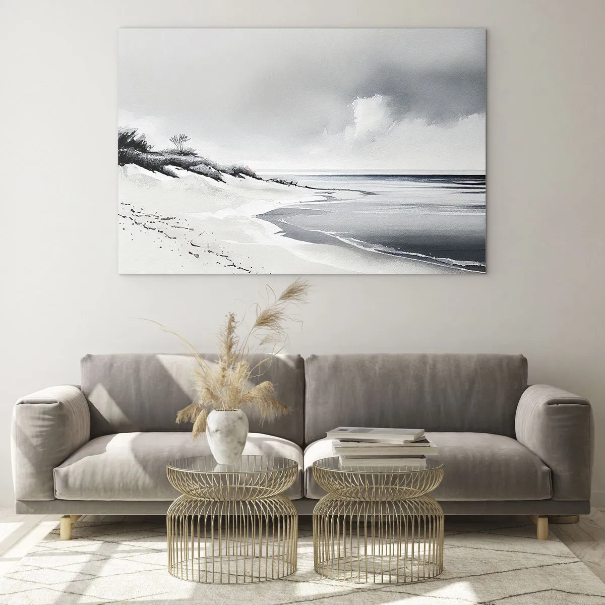Glastavla - Bild på glas - Svartvit strand med horisont och lugnt hav - 70x50cm - Alltid tillsammans - Modern väggdekoration för vardagsrum och sovrum ARTTOR